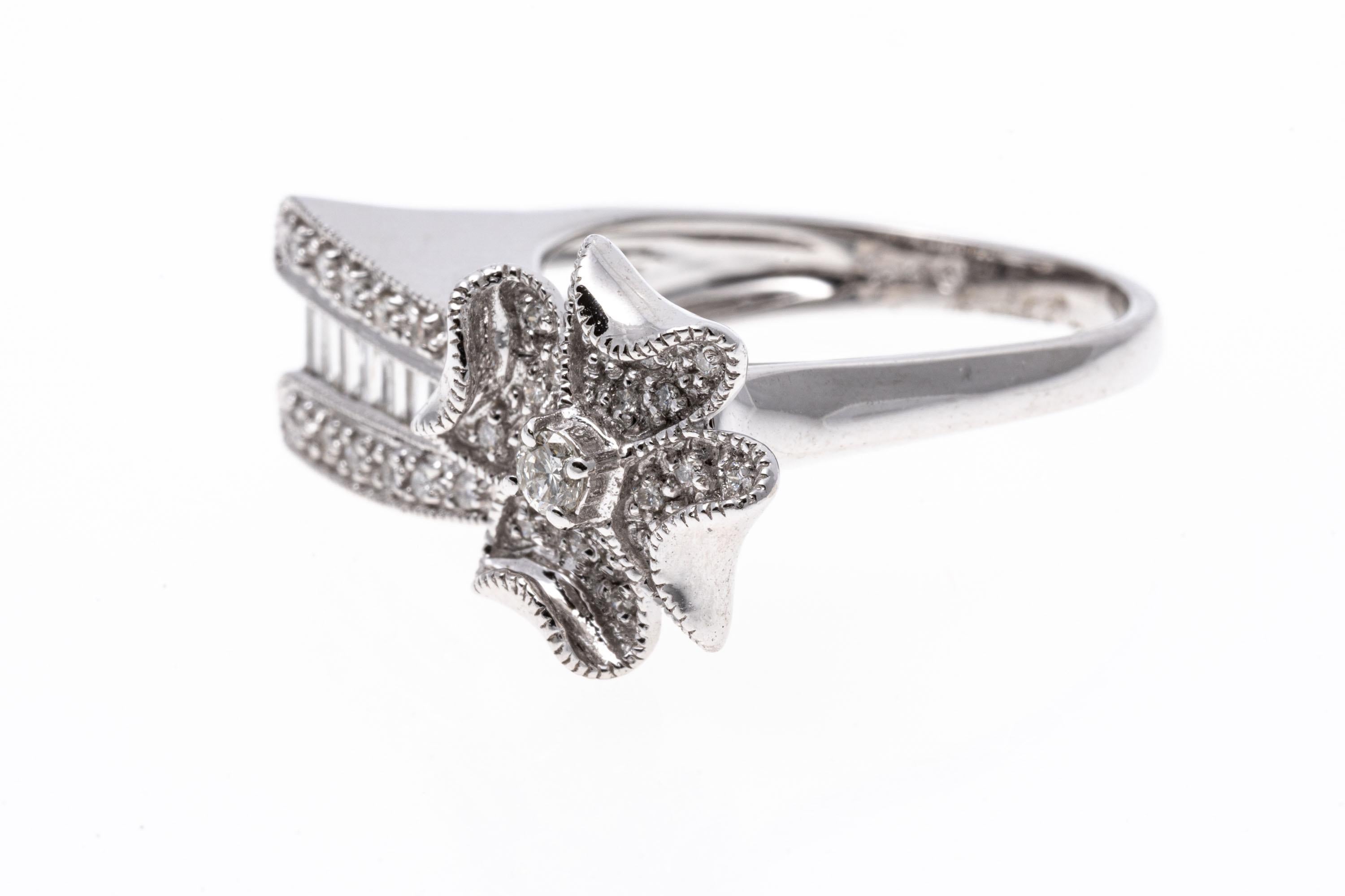 Round Cut 14K White Gold Pave Diamond Shooting Star/Flower Ring, App. 0.45 TCW For Sale
