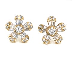 14k Diamond Flower Stud Earring Yellow Gold