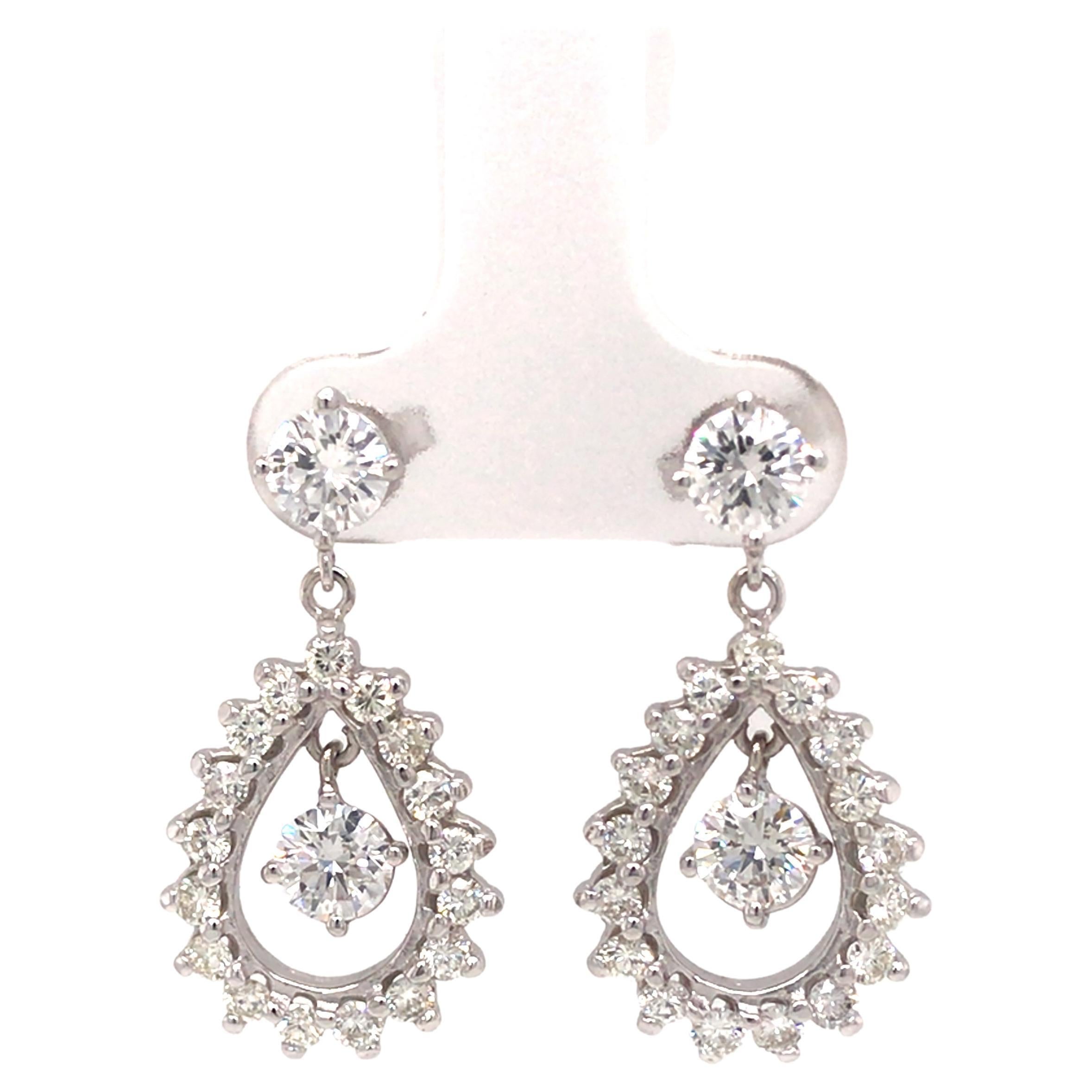 Ladies 14K White Gold Dangle Diamond Earrings For Sale at 1stDibs