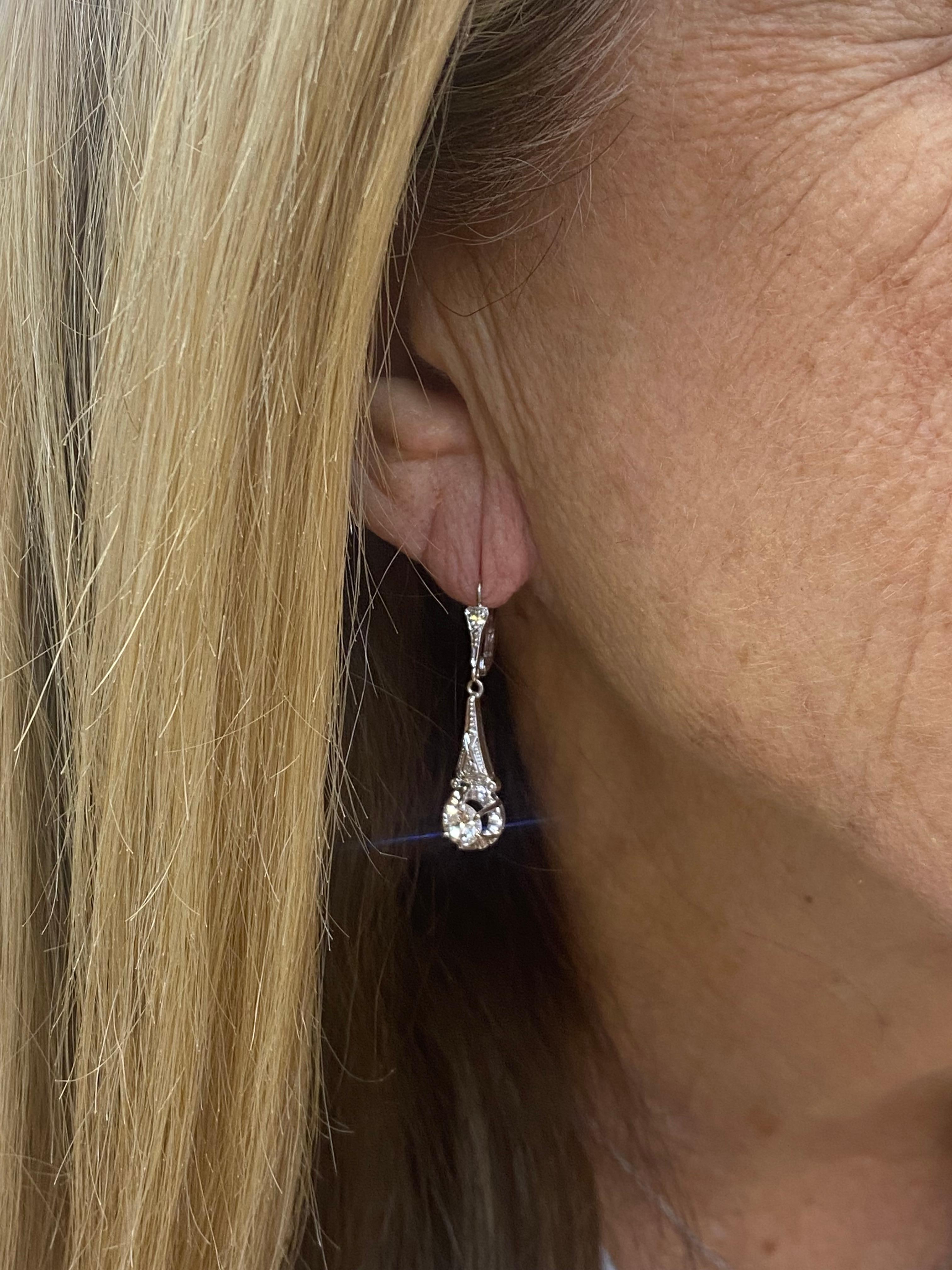 14k Diamond Hanging Earrings White Gold For Sale 2