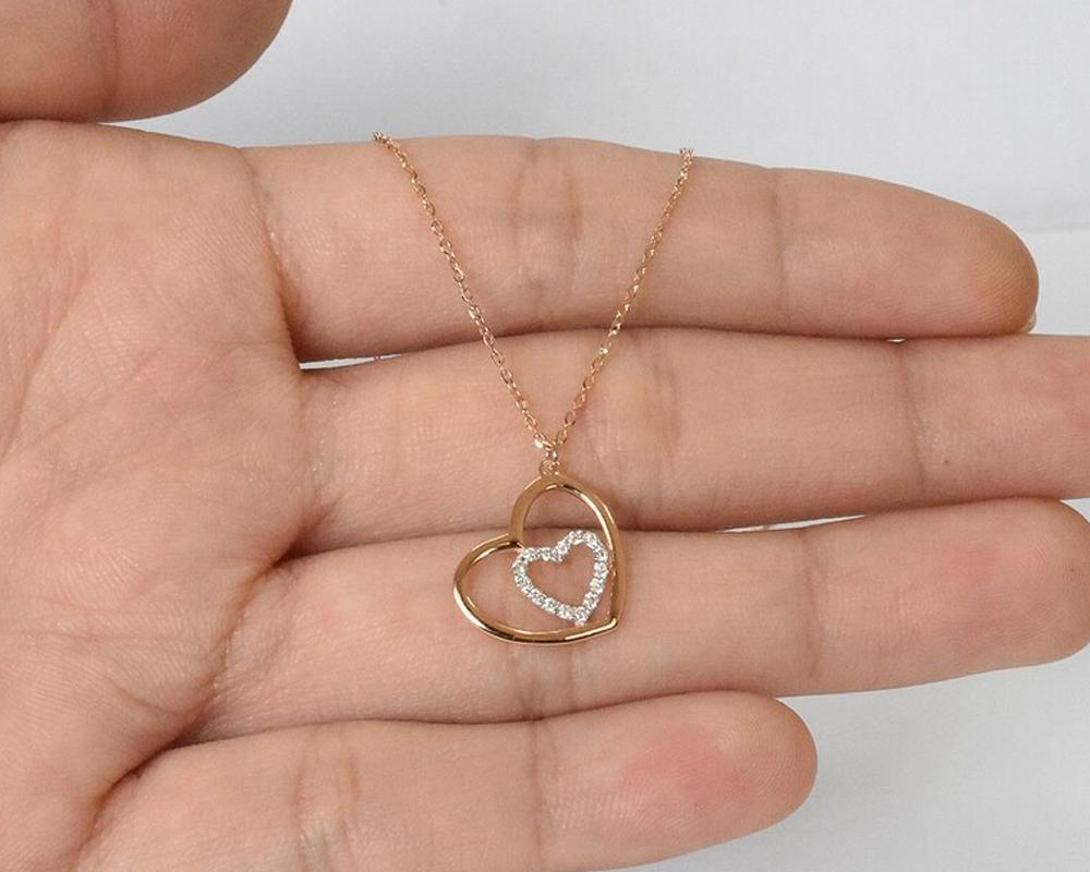 Round Cut 14k Gold Diamond Heart Necklace Bridal Necklace Valentine Jewelry For Sale