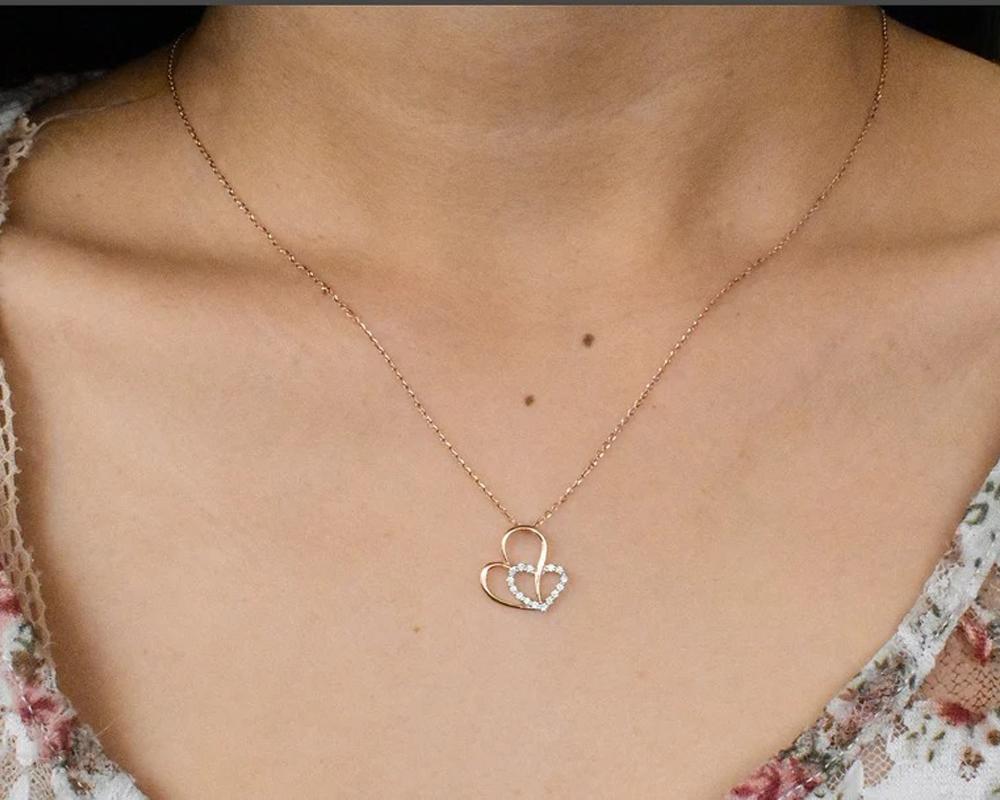 Valentine Jewelry Mother Daughter Gift Diamond Heart Necklace Micro Pave Diamond Necklace 14k Gold Two Hear Necklace Gift For Wife Girlfriend.

Delicate Minimal Necklace made of 14k solid gold available in three colors. Natural genuine round cut