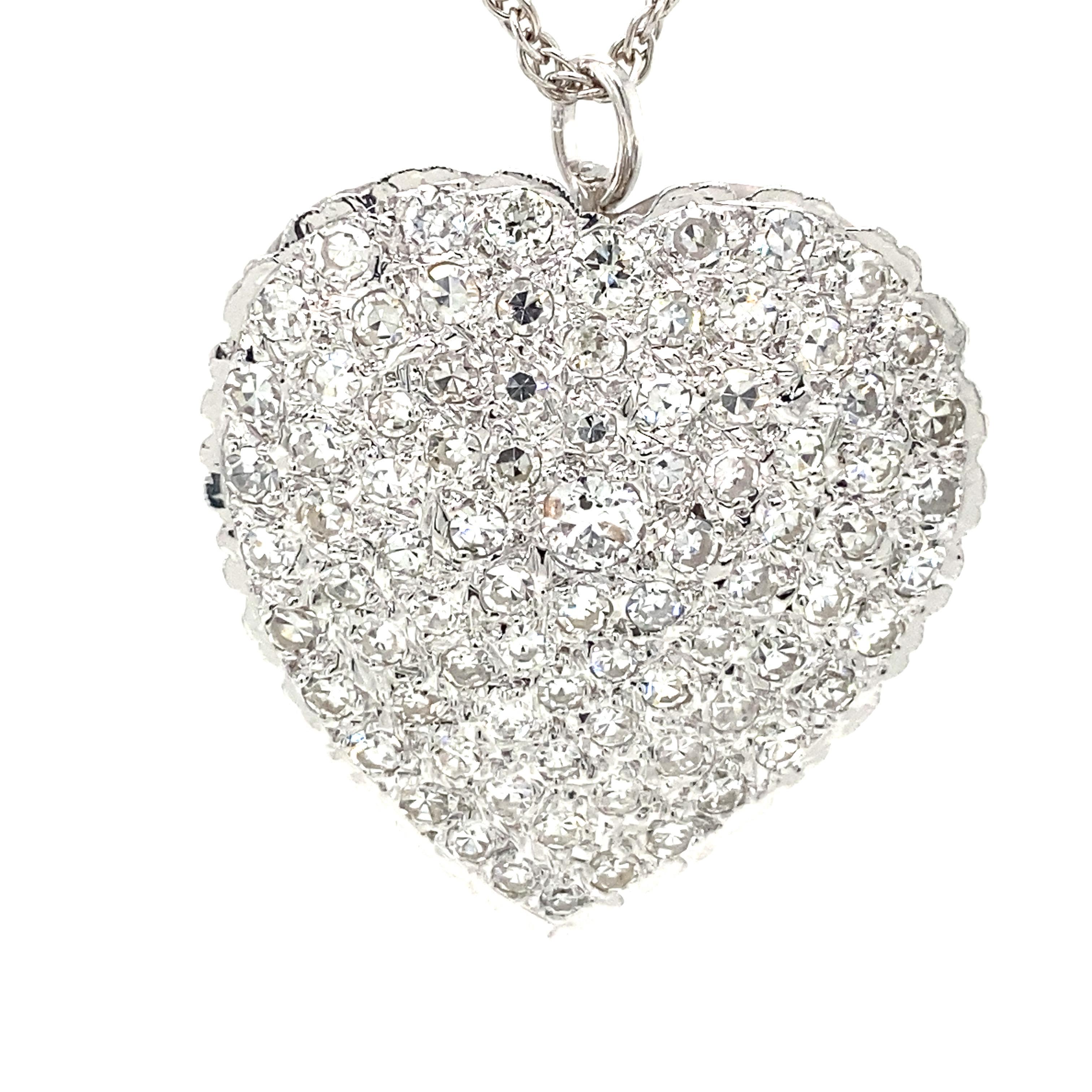 Diamond Heart Shape Pendant Necklace Pin in 14K White Gold.  Round Brilliant Cut Diamonds weighing 2.80 carat total weight, G-I in color and VS-SI in clarity are expertly set.  The Necklace measures 18 inch in length.  The Heart measures 1 1/4 inch