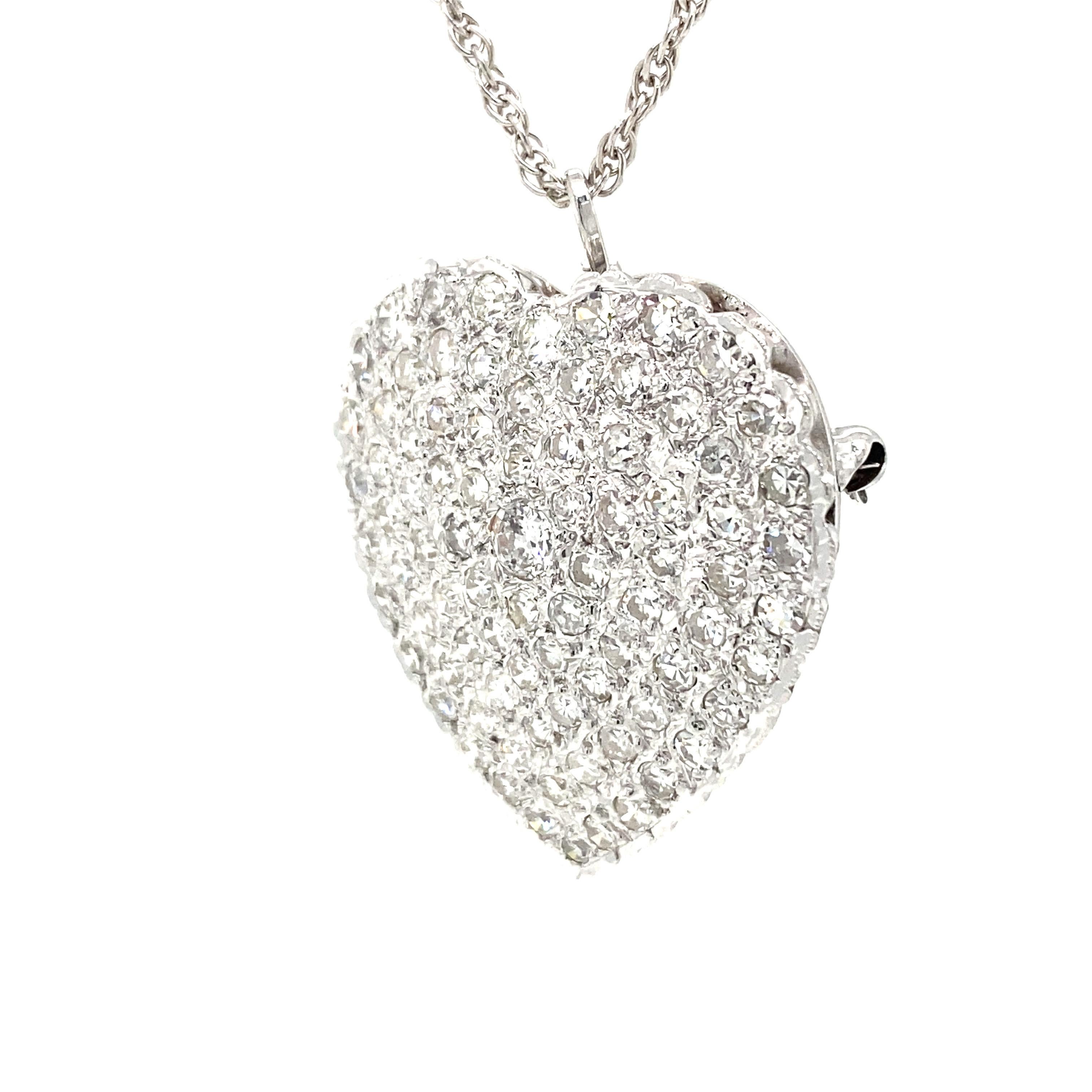 Round Cut 14k Diamond Heart Shape Pendant Necklace Pin White Gold For Sale