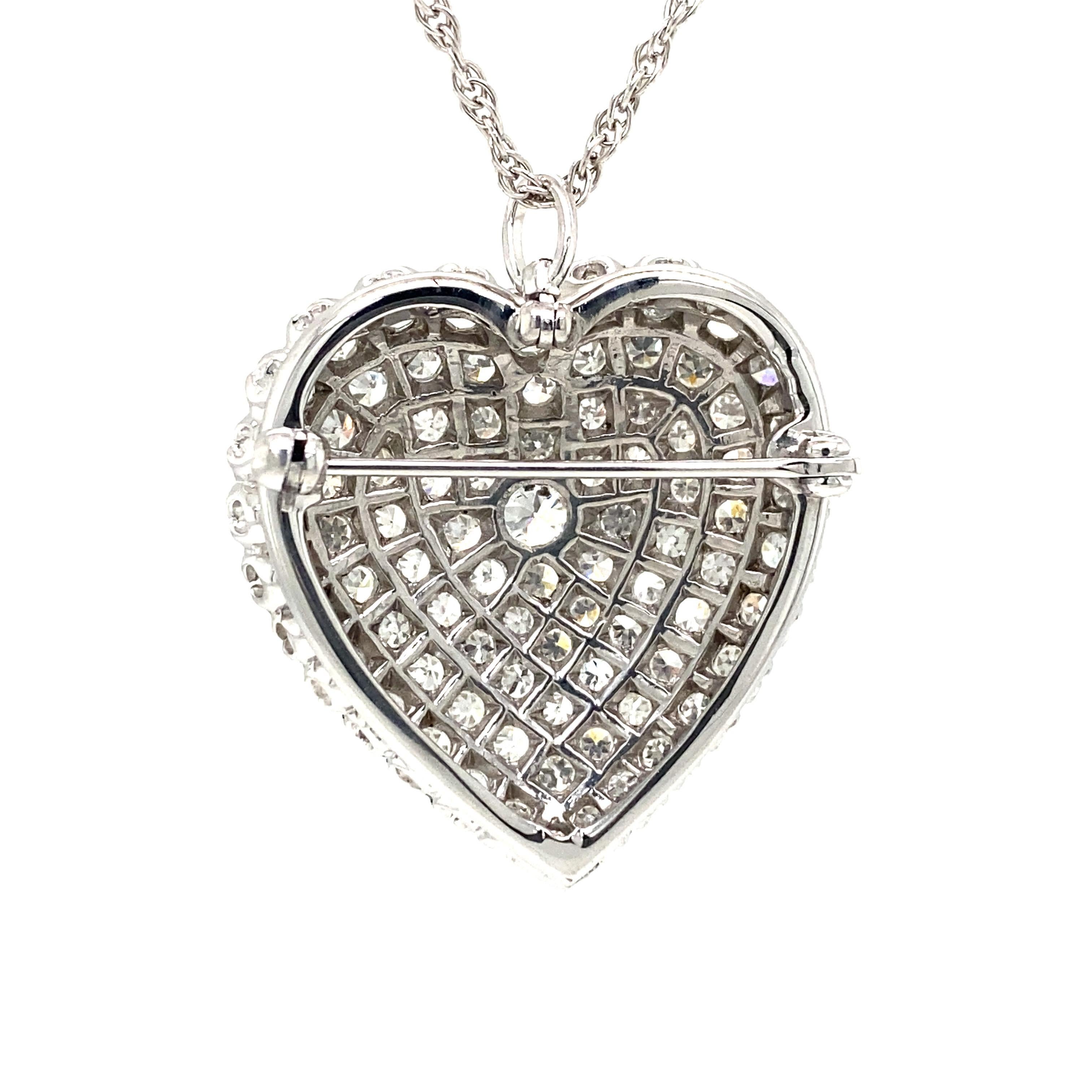Women's 14k Diamond Heart Shape Pendant Necklace Pin White Gold For Sale