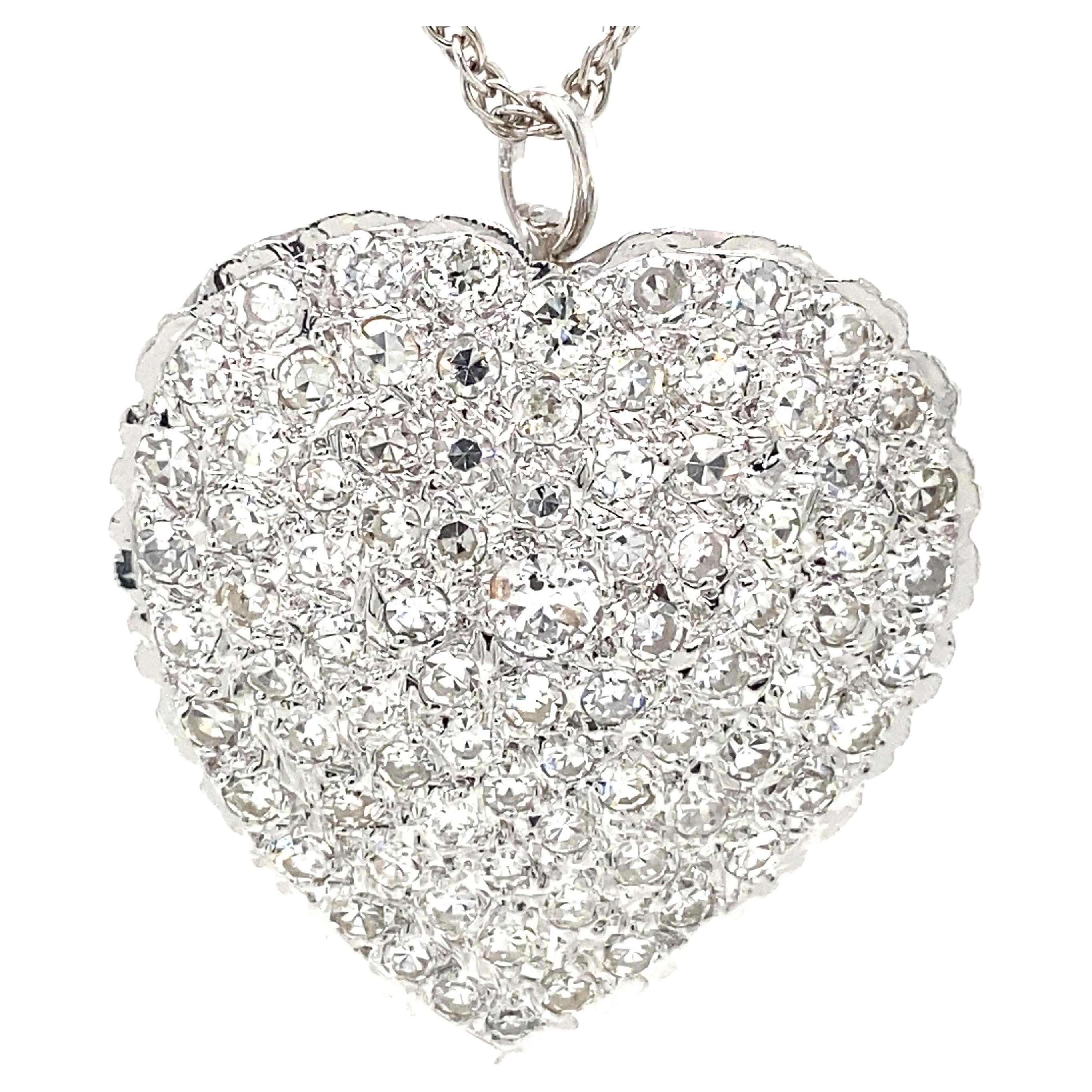 14k Diamond Heart Shape Pendant Necklace Pin White Gold For Sale