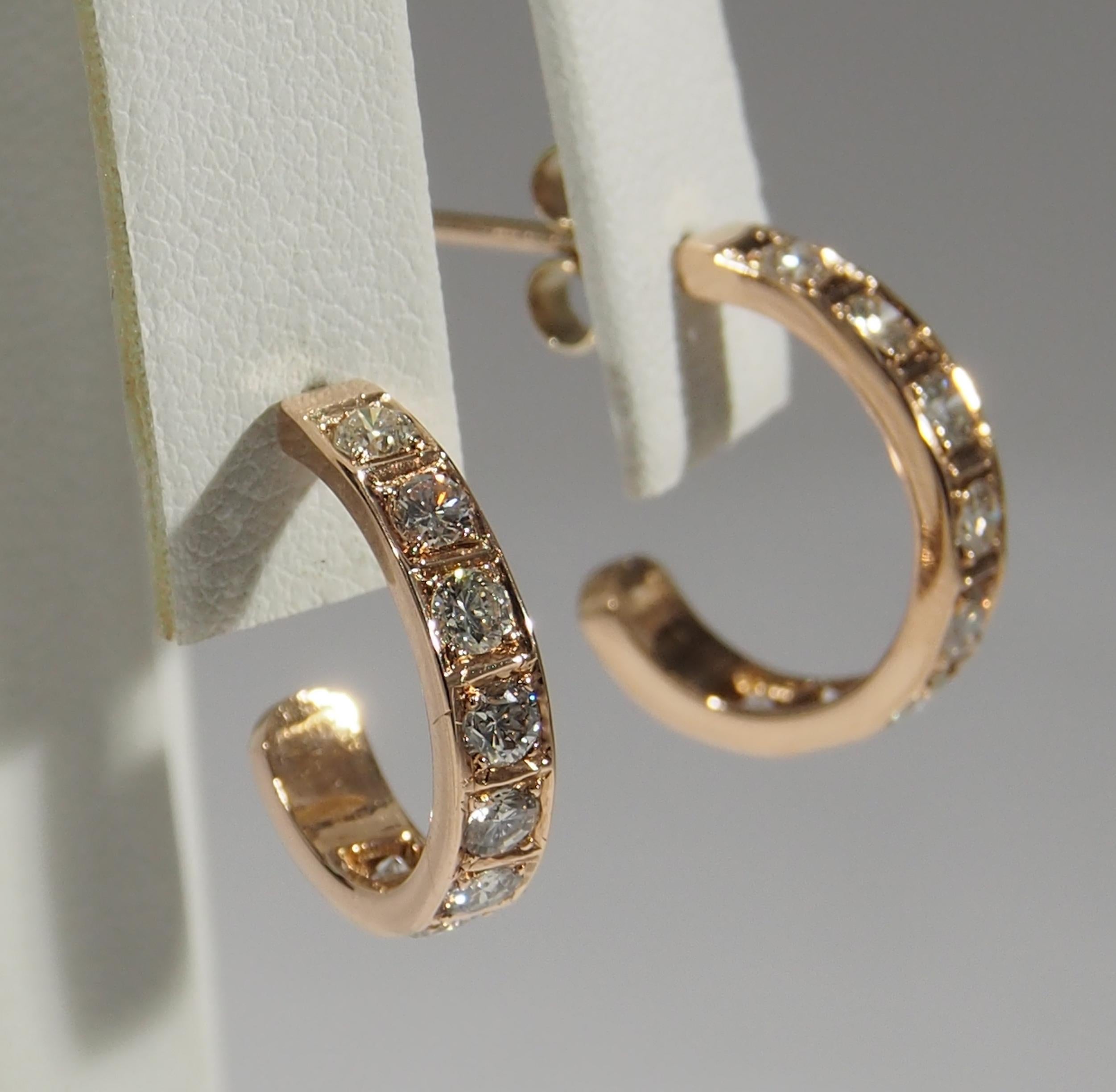 14 Karat Diamond Hoop Earrings Half Rose Gold In Good Condition For Sale In Boca Raton, FL
