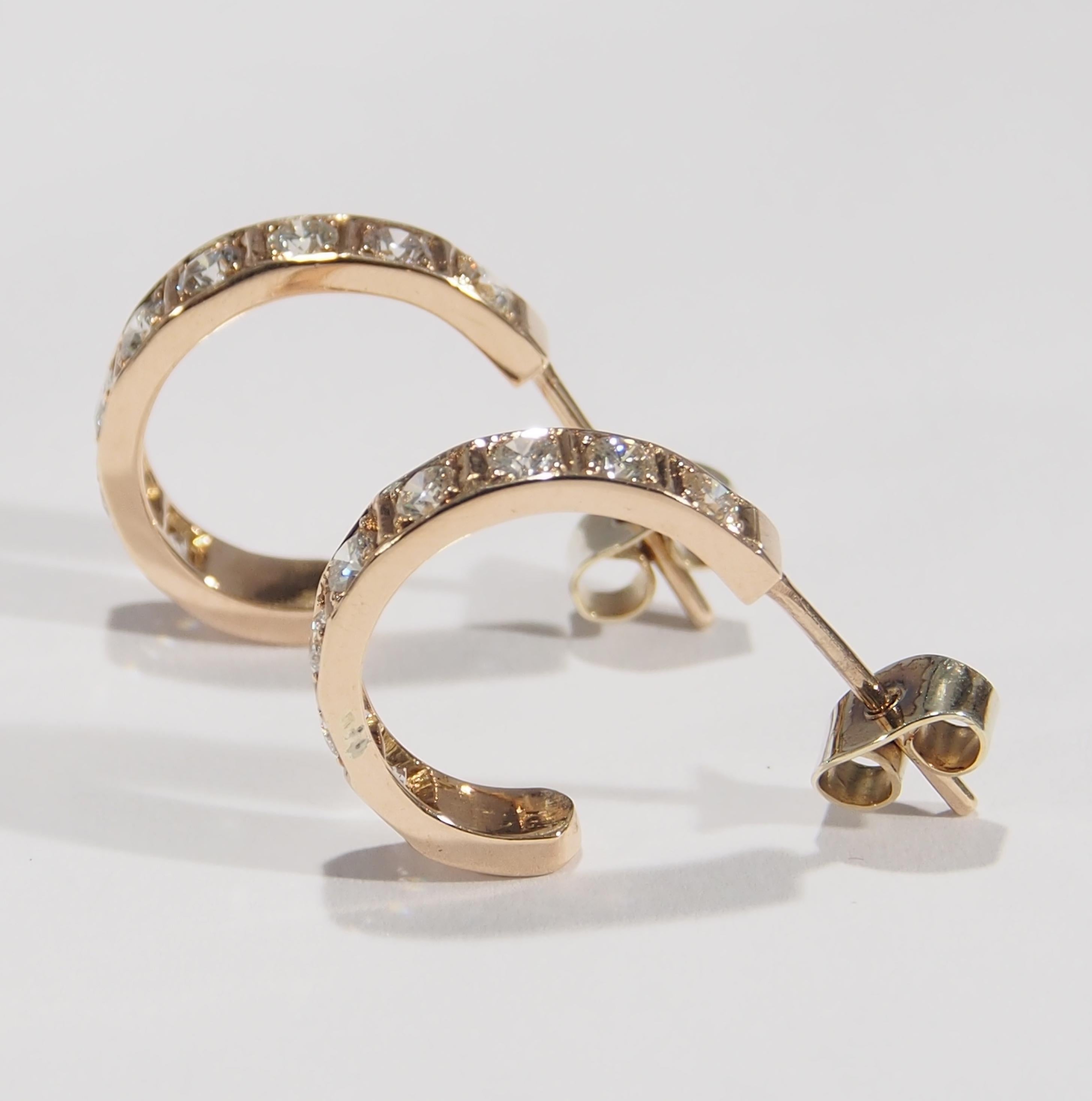 Women's or Men's 14 Karat Diamond Hoop Earrings Half Rose Gold For Sale