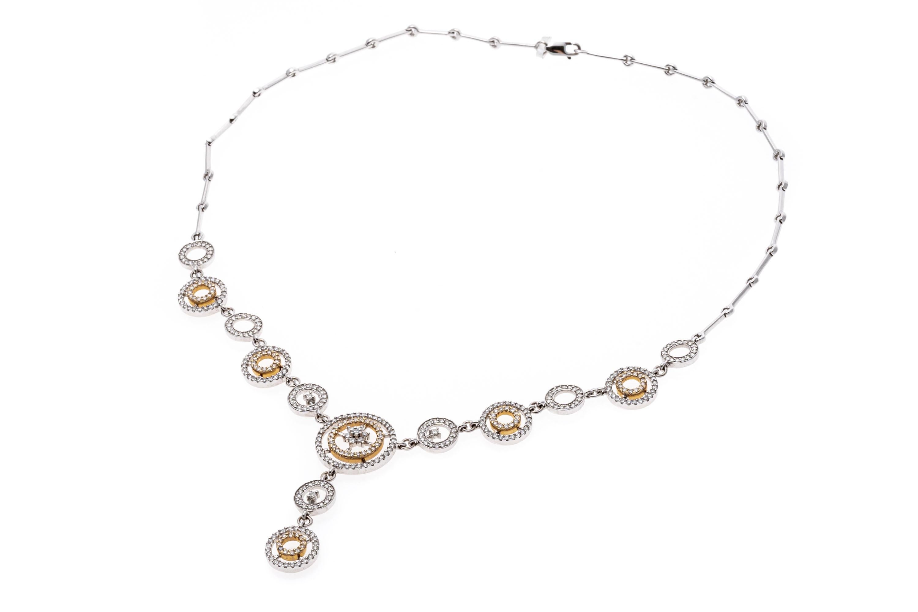 Moderne Collier à maillons circulaires « Y » en or blanc et jaune 14 carats avec diamants, 2,10 carats poids total en vente