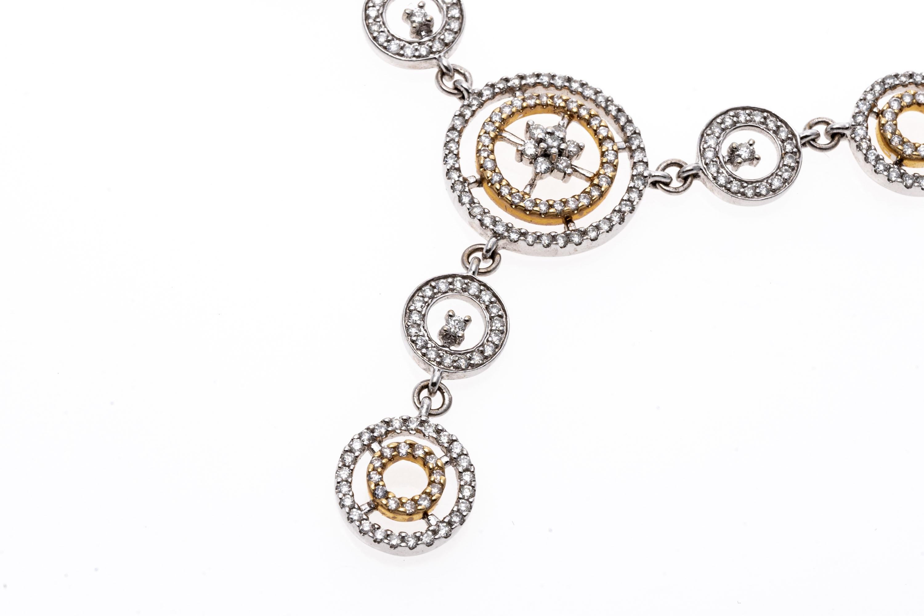 Taille ronde Collier à maillons circulaires « Y » en or blanc et jaune 14 carats avec diamants, 2,10 carats poids total en vente
