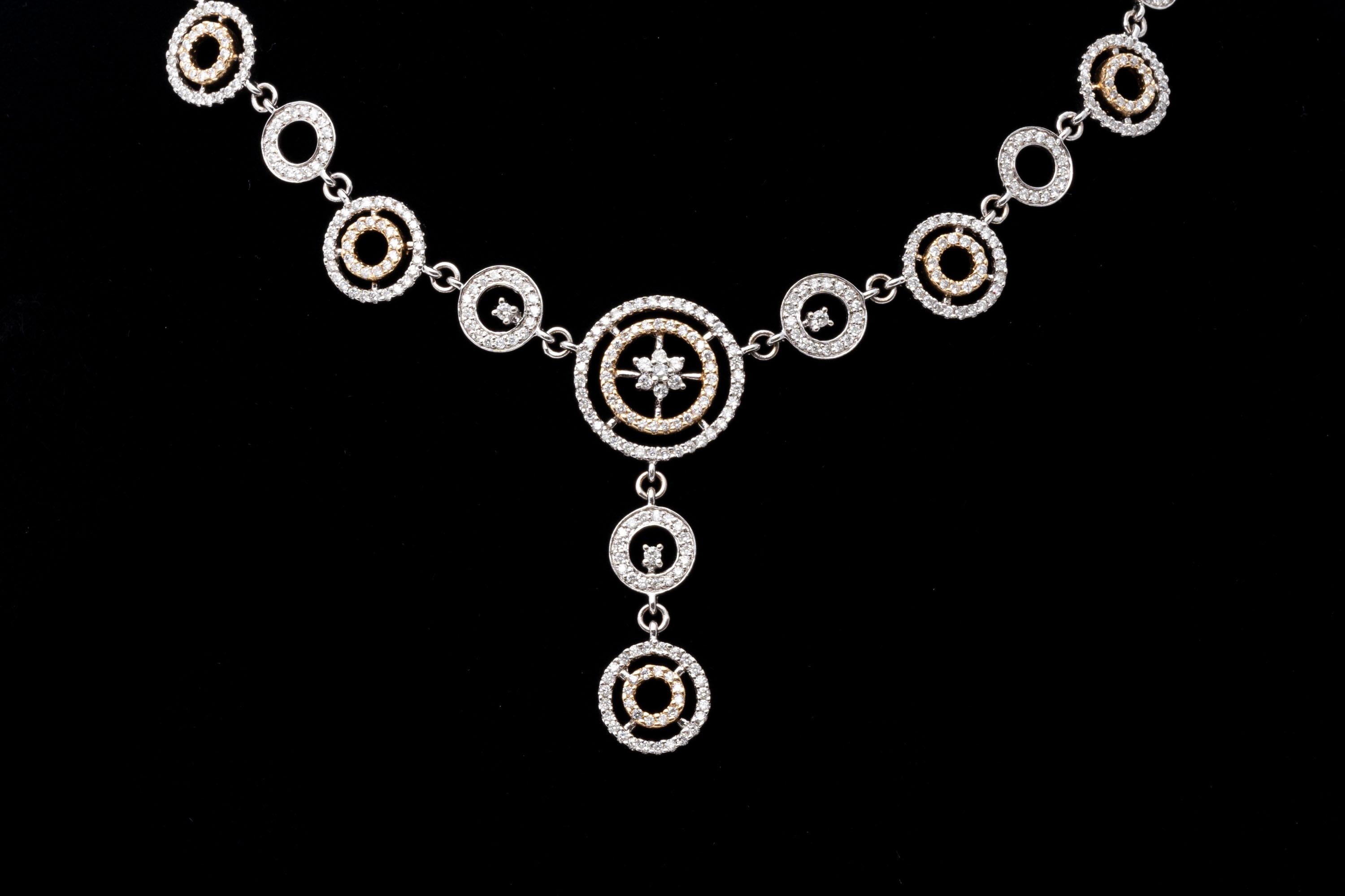 Collier à maillons circulaires « Y » en or blanc et jaune 14 carats avec diamants, 2,10 carats poids total en vente 1