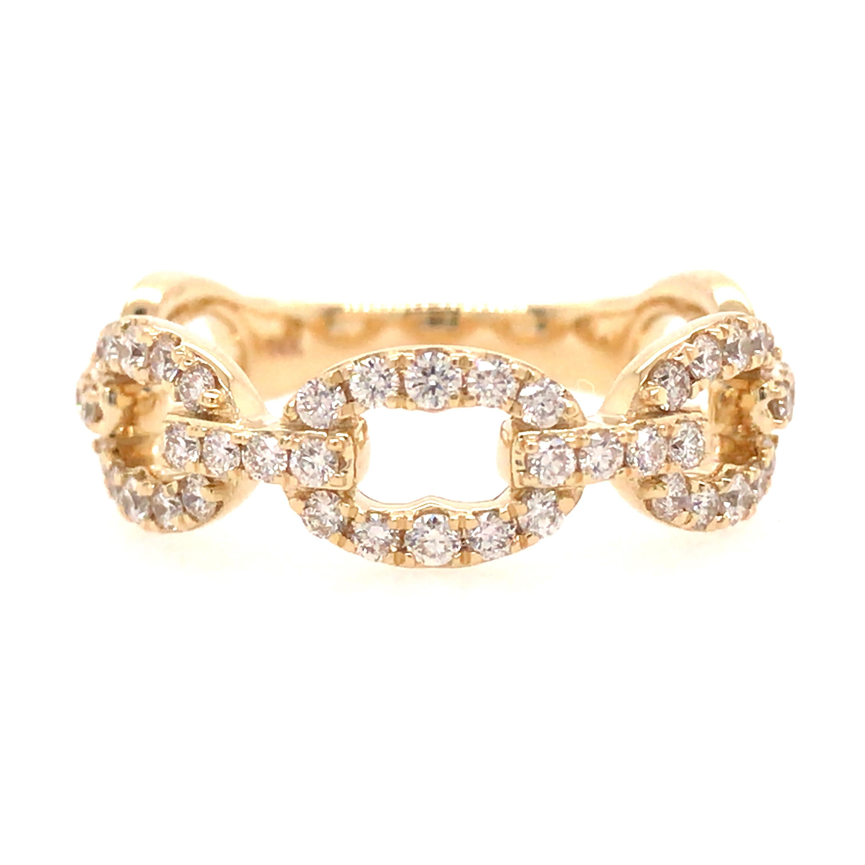 Diamond Link Band 14K Yellow Gold.  (46) Round Brilliant Cut Diamonds weighing 0.47 carat total weight, G-H in color and VS in clarity are expertly set.  The Ring measures 1/4 inch in width. 3.57 grams.