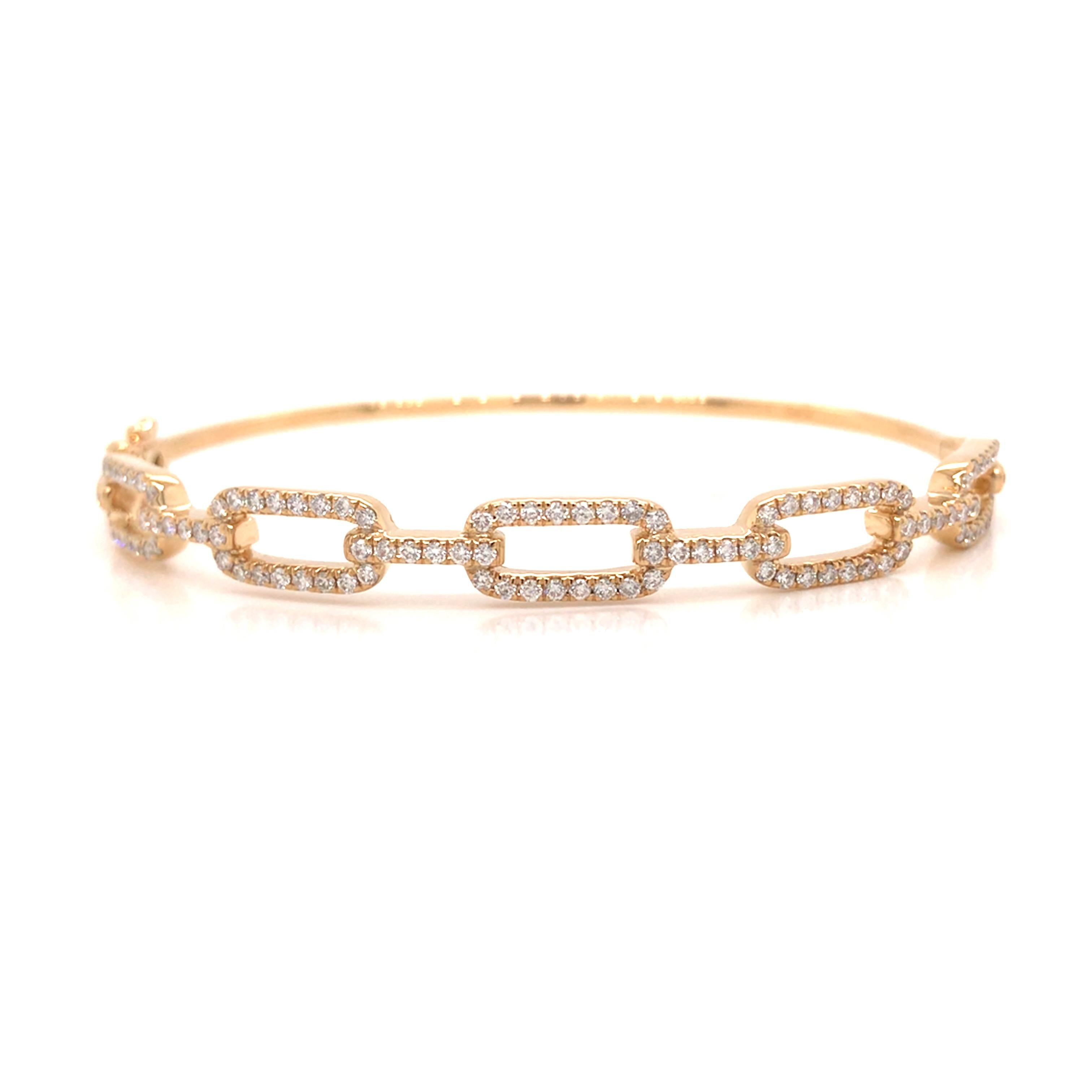 Diamond Link Bangle Bracelet in 14K Yellow Gold. Round Brilliant Cut Diamonds weighing 0.92 carat total weight G-H in color and VS-SI in clarity are expertly set.  The Bracelet measures 6 1/2 inch inner circumference and 1/4 inch in width.  9.5