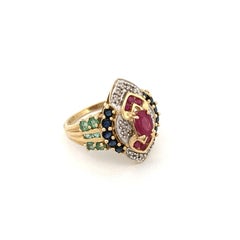 Vintage 14K Yellow Gold Ruby Diamond Cluster Ring, Late 20th Century