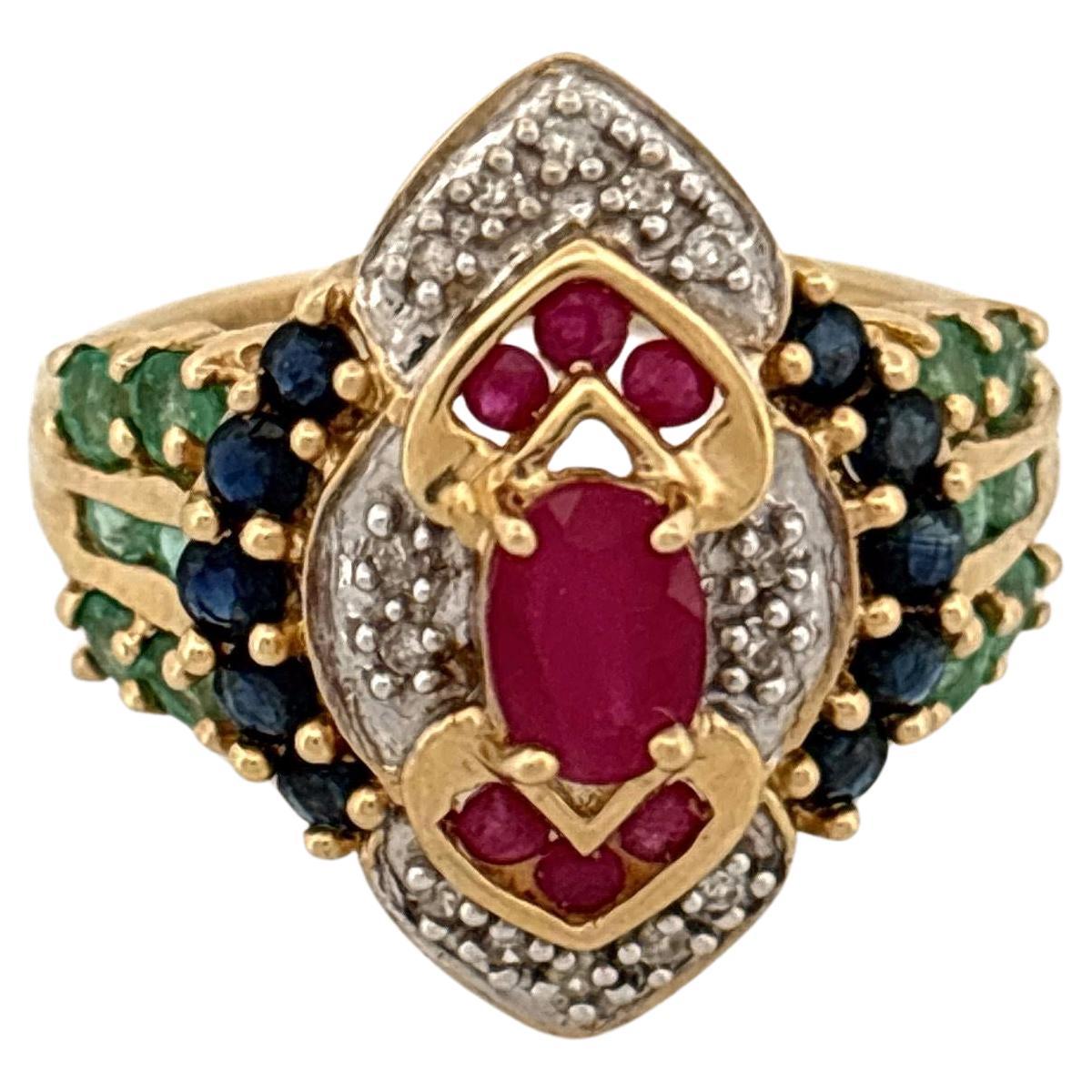 Vintage 14K Yellow Gold Ruby Diamond Cluster Ring, Late 20th Century