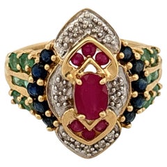 Vintage 14K Yellow Gold Ruby Diamond Cluster Ring, Late 20th Century