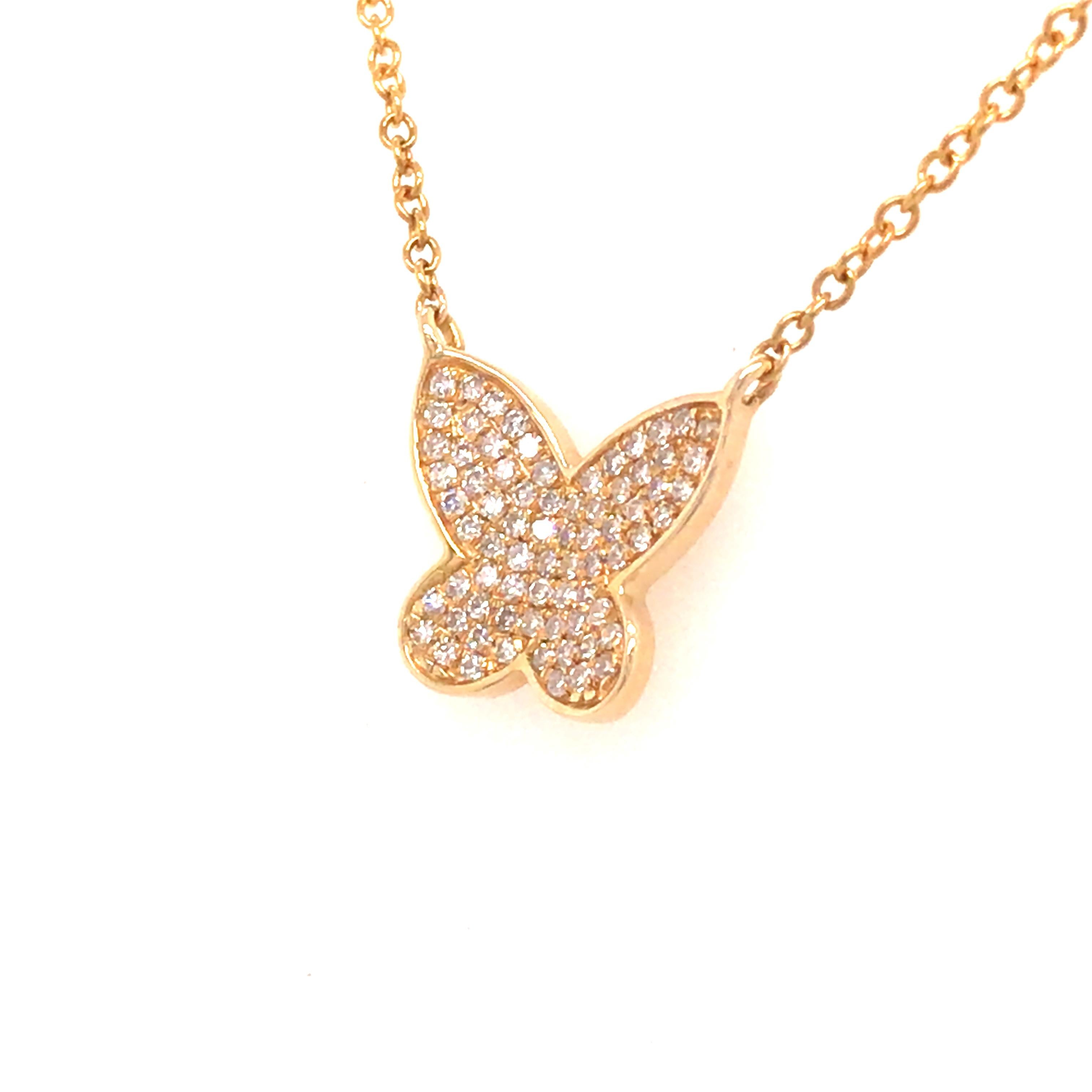 14K Diamant Pave Schmetterling Anhänger Halskette Gelbgold (Rundschliff) im Angebot