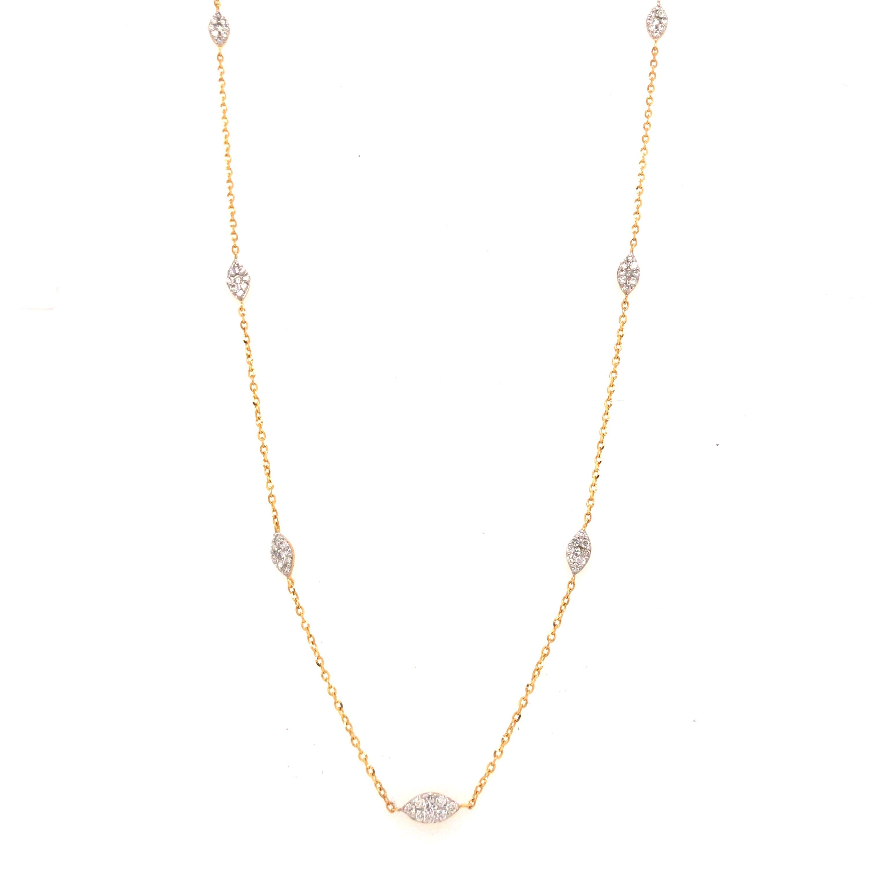 Diamond Pave Station Necklace in 14K Yellow Gold.  Round Brilliant Cut Diamonds weighing 0.33 carat total weight, G-H in color and VS-SI in clarity are expertly set in (7) stations.  The Necklace is adjustable in length at 18 inch, 17 inch or 16