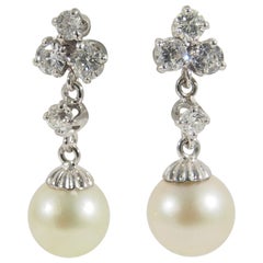 14 Karat Diamond Pearl Dangle Earrings Cultured 1 Carat