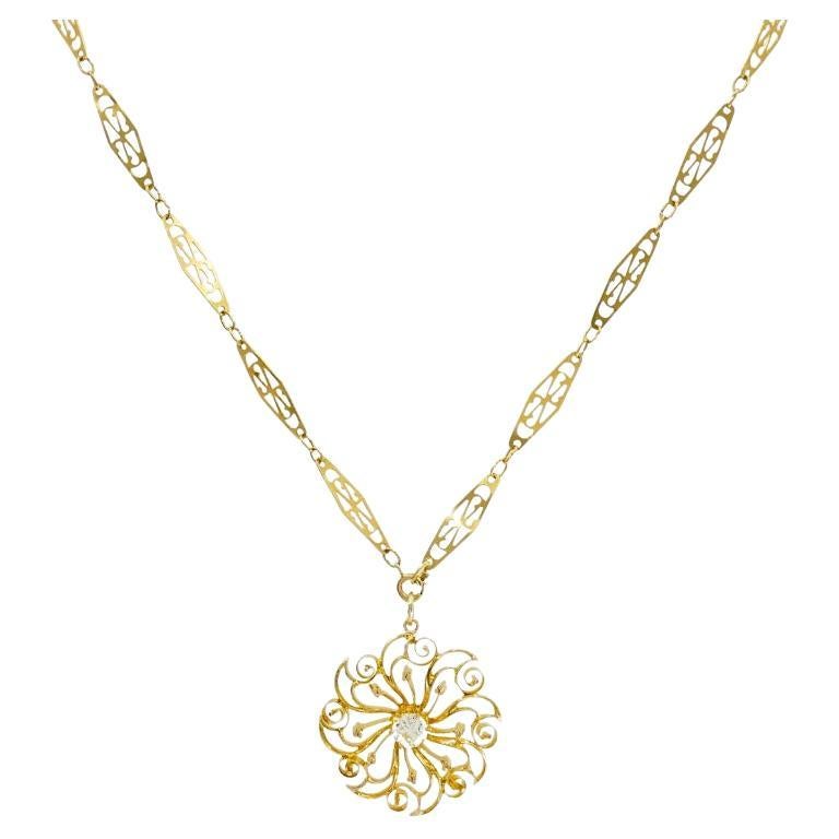 Ciondolo con diamante 14k Collana a catena in filigrana traforata 18k in vendita