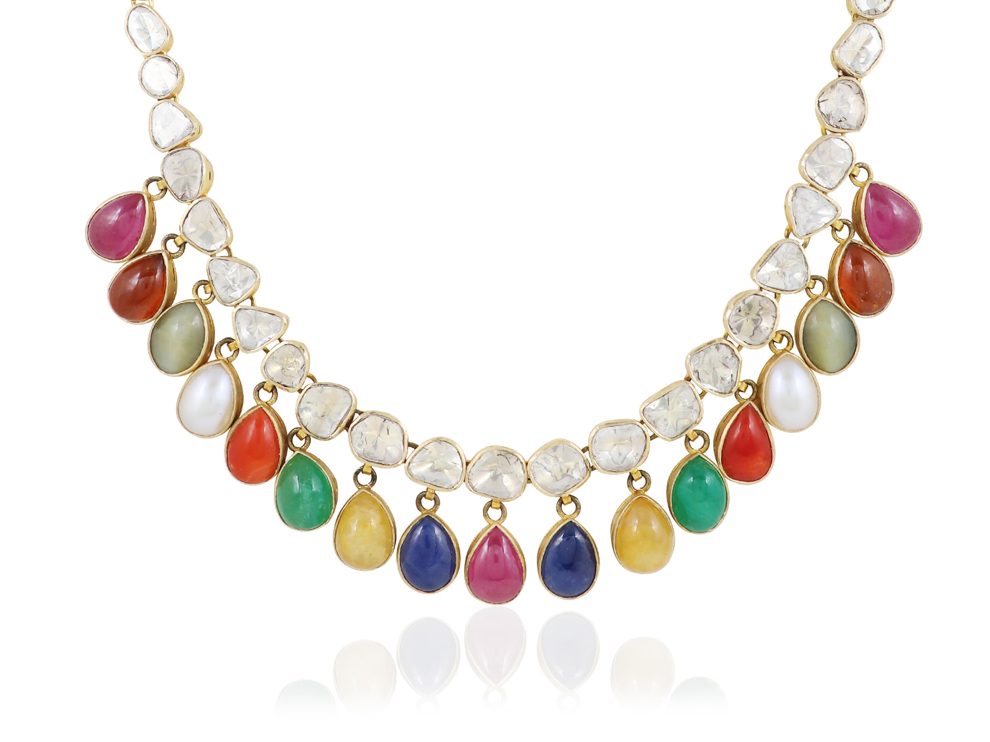 Cabochon 14K diamond polki necklace with all nine precious gemstones  Navratna necklace For Sale