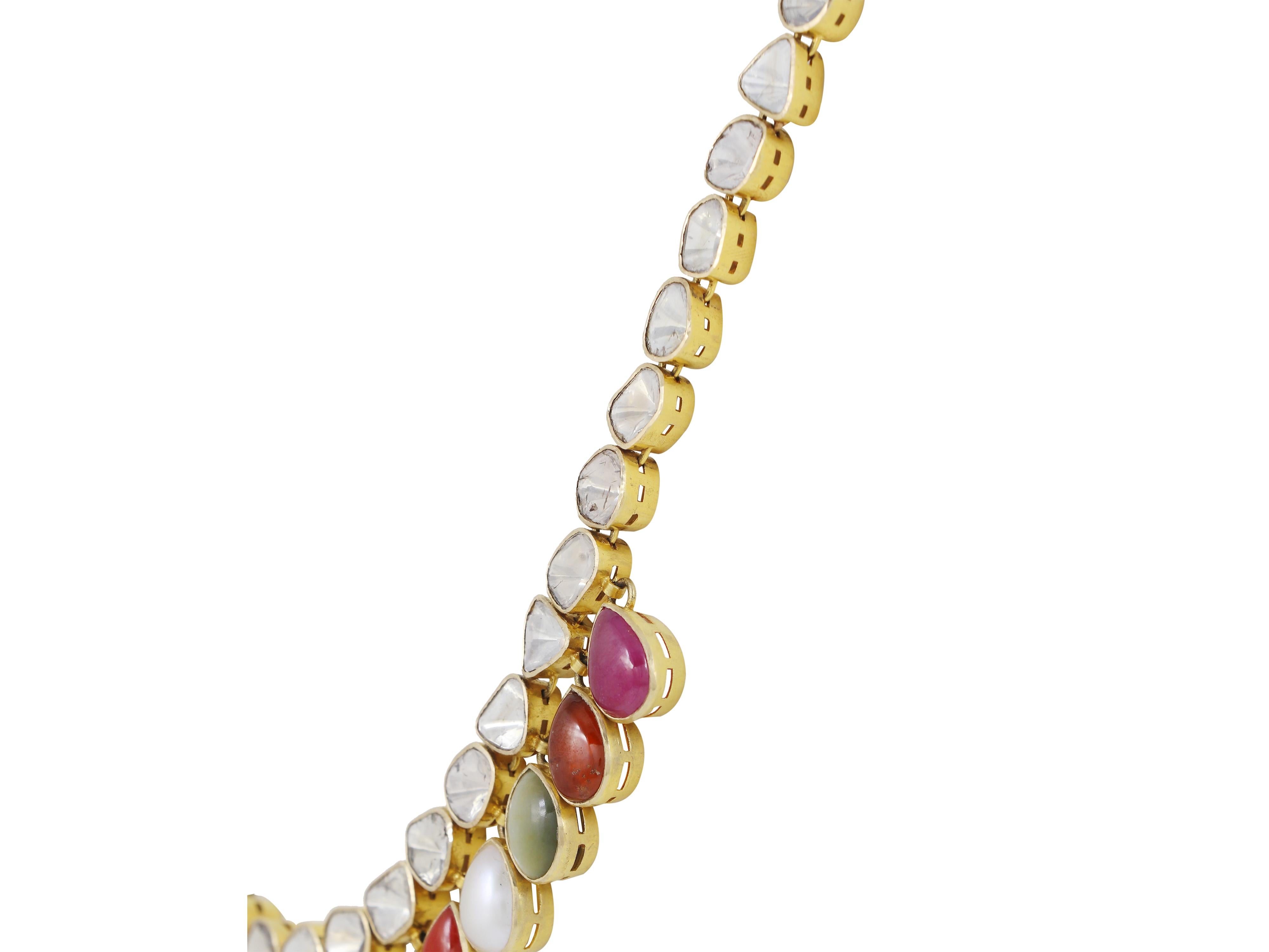 14K diamond polki necklace with all nine precious gemstones  Navratna necklace In Excellent Condition For Sale In Bangkok,, TH