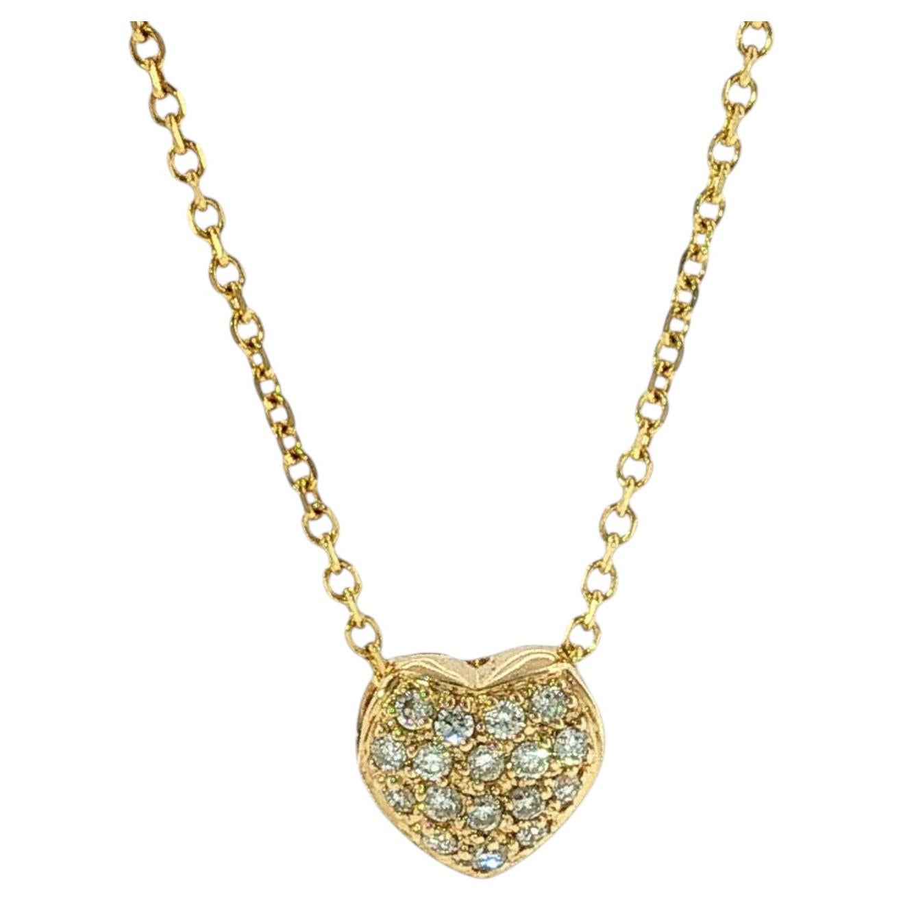 Collana con ciondolo a forma di cuore rigonfio con diamanti, in oro giallo 14 carati, misura 16"