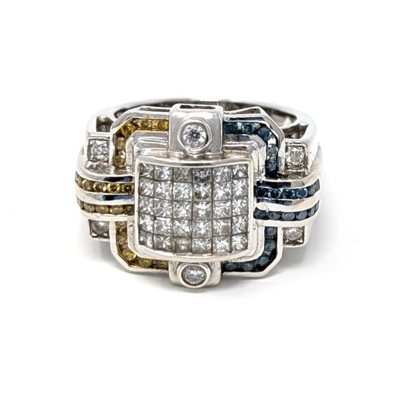 Round Cut 14k Diamond Ring by Luxurman Yellow Blue Solid White Gold Statement US Size 8.5 For Sale