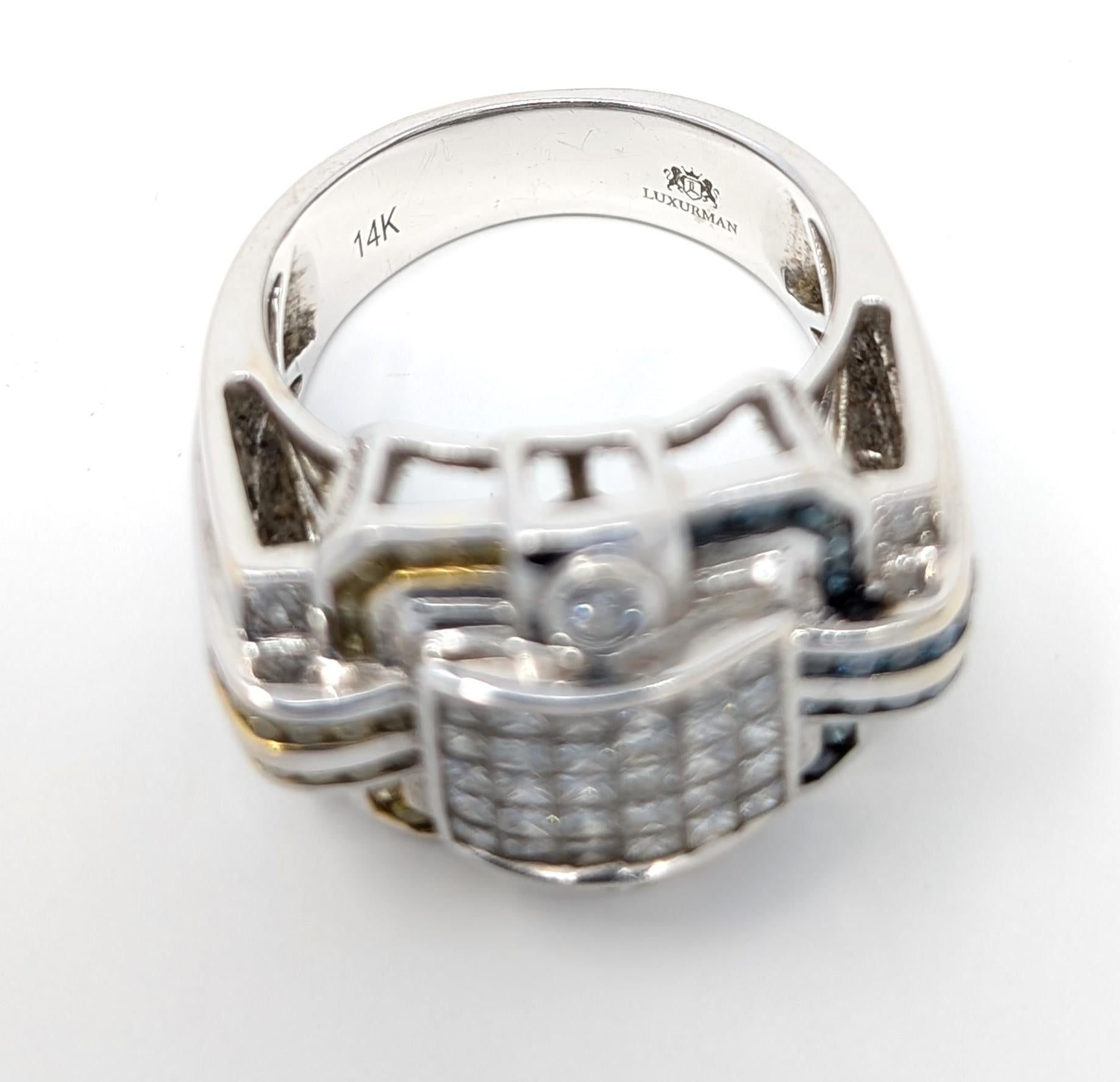 14k Diamond Ring by Luxurman Yellow Blue Solid White Gold Statement US Size 8.5 For Sale 3