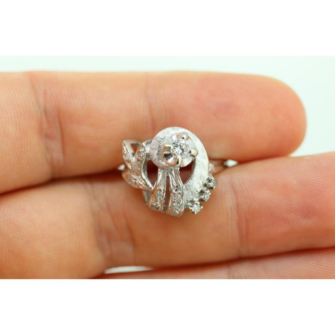 14k Diamond Ring. Leaf Setting Diamond with accents. Diamond Bow Love Knot ring. For Sale 5