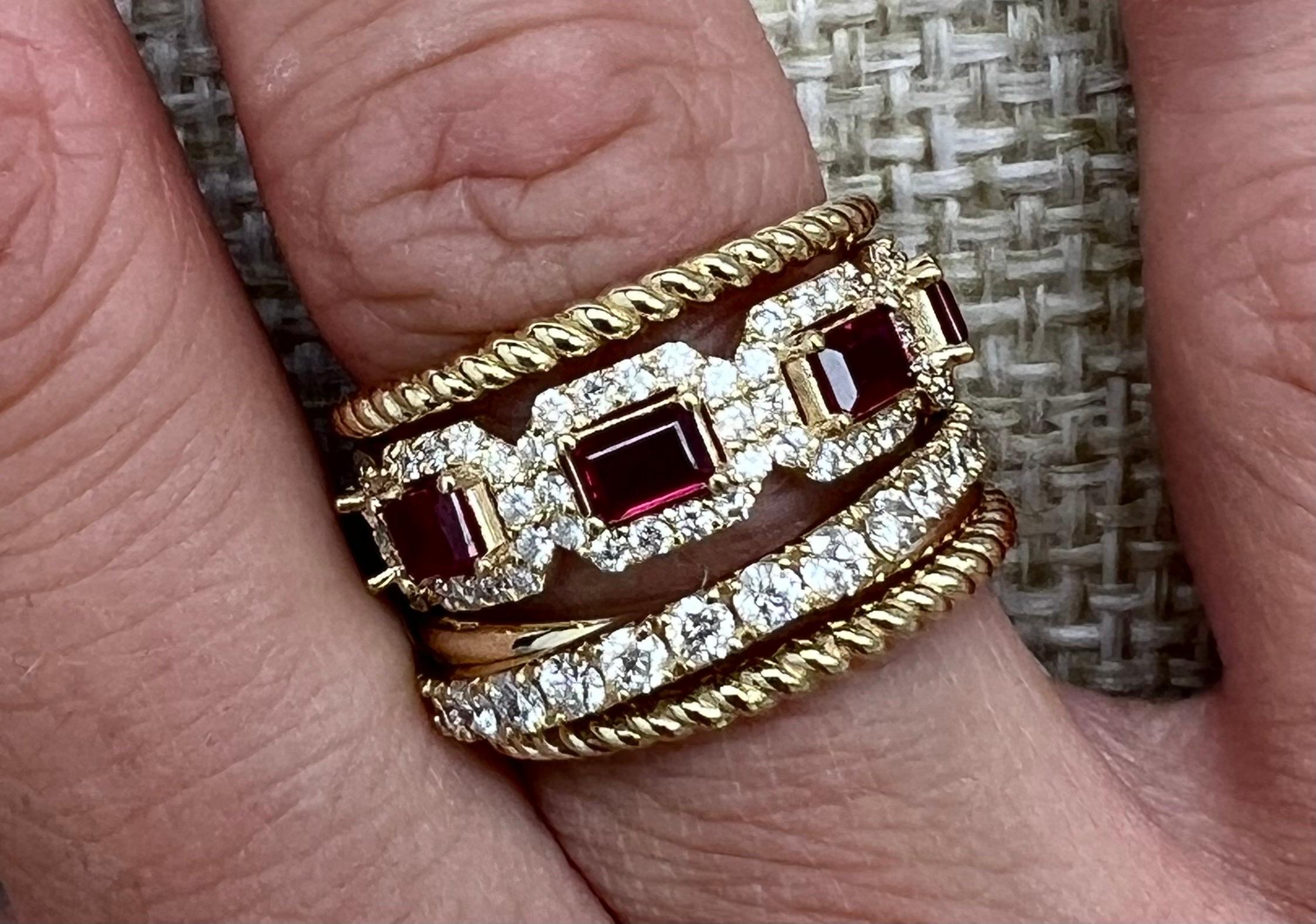 Emerald Cut 14K Diamond Ring with 7 (1.80 ct) Natural Ruby & 1.42ct FullCut Natural Diamonds For Sale