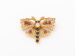 14K Diamond Ruby Sapphire Butterfly Brooch