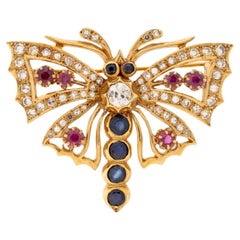 14K Diamond Ruby Sapphire Butterfly Brooch