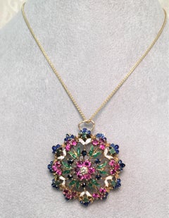 14 Karat Diamond Ruby Sapphire Emerald Enamel Brooch or Pendant