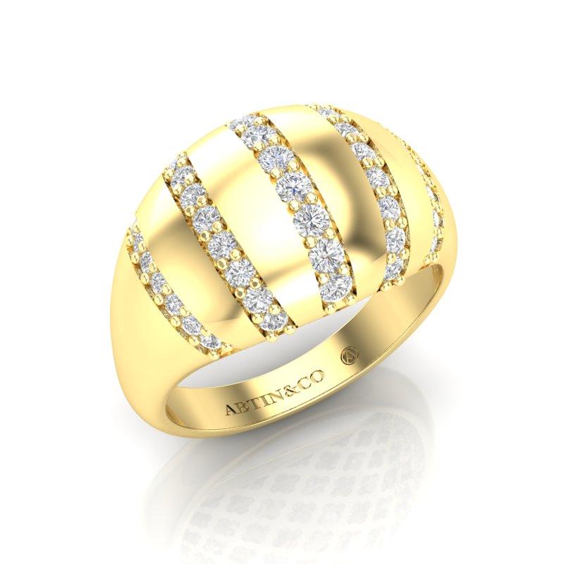 Women's 14K Yellow Gold Four Rows Diamond Stripe Dome Ring band For Sale