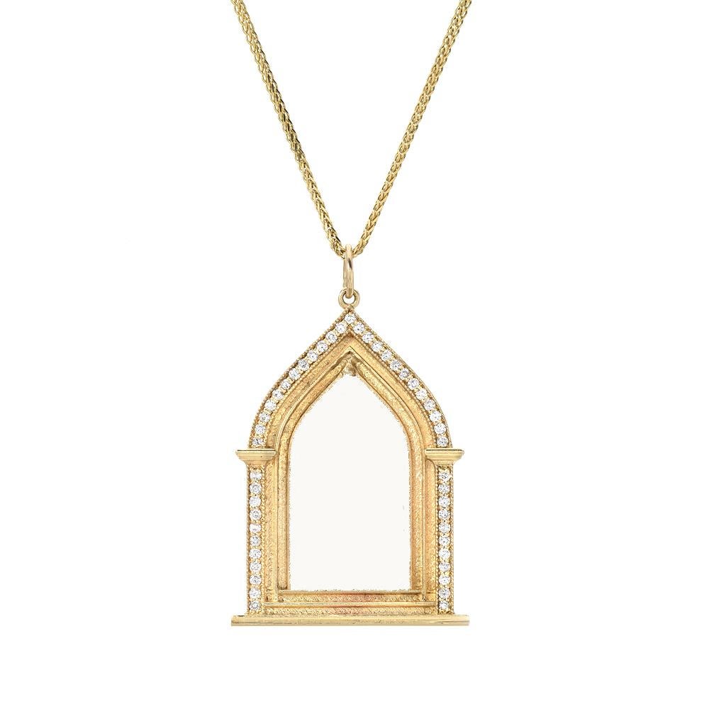 Artisan 14K Diamond Temple Necklace For Sale