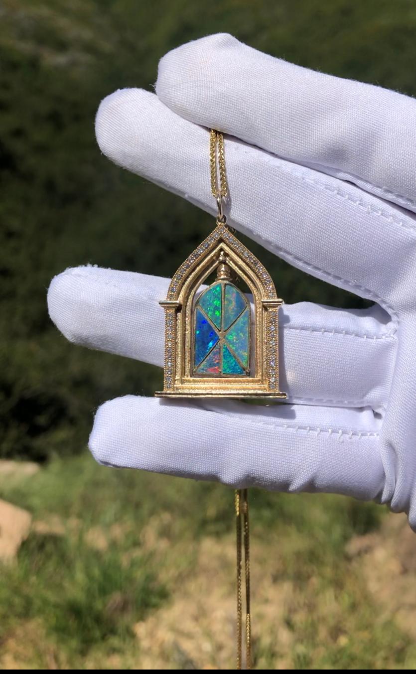 Artisan 14K Diamond Temple Necklace with Opals For Sale