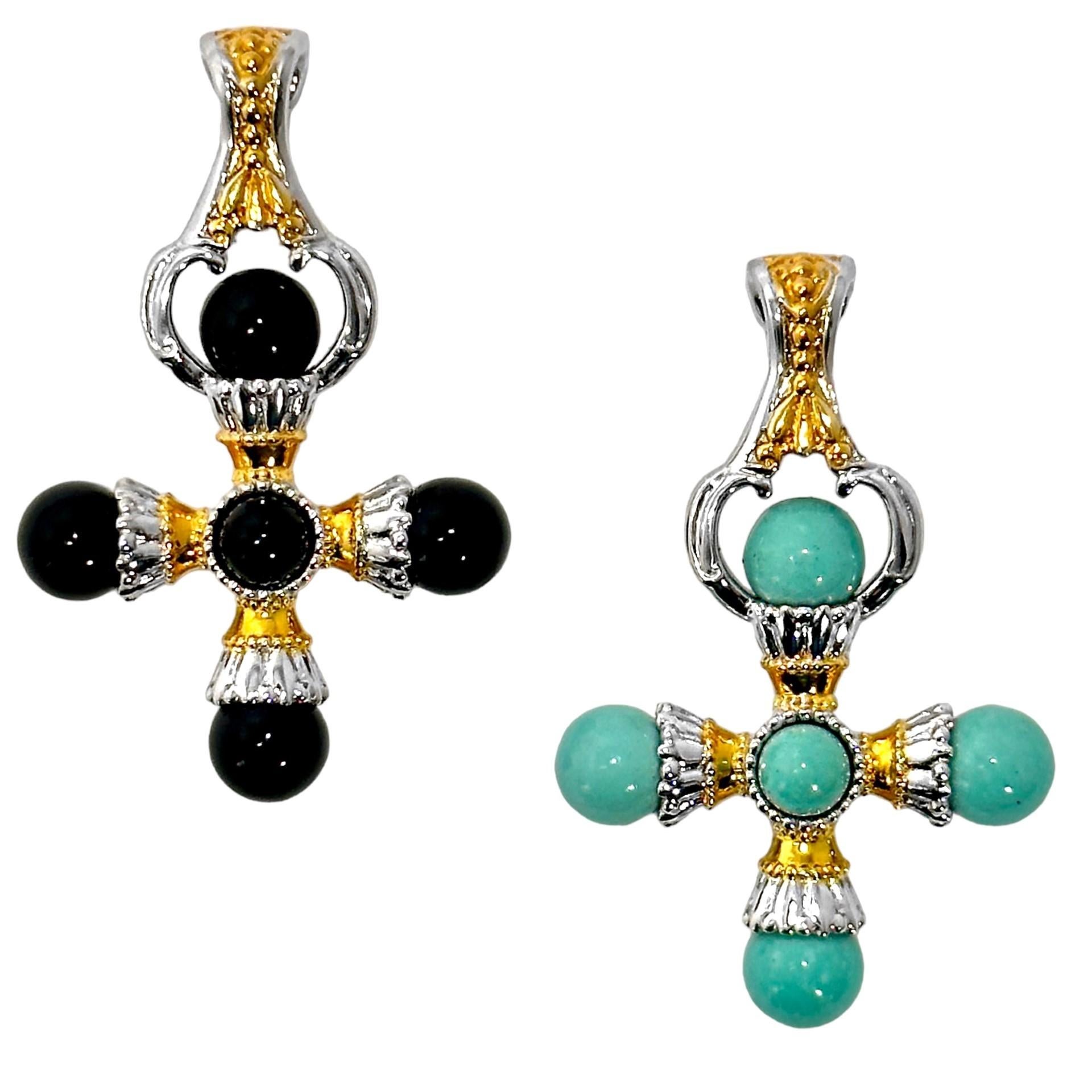 Women's 14k Diamond Toggle Necklace w/ Interchangeable Turquoise & Onyx Crosses     For Sale