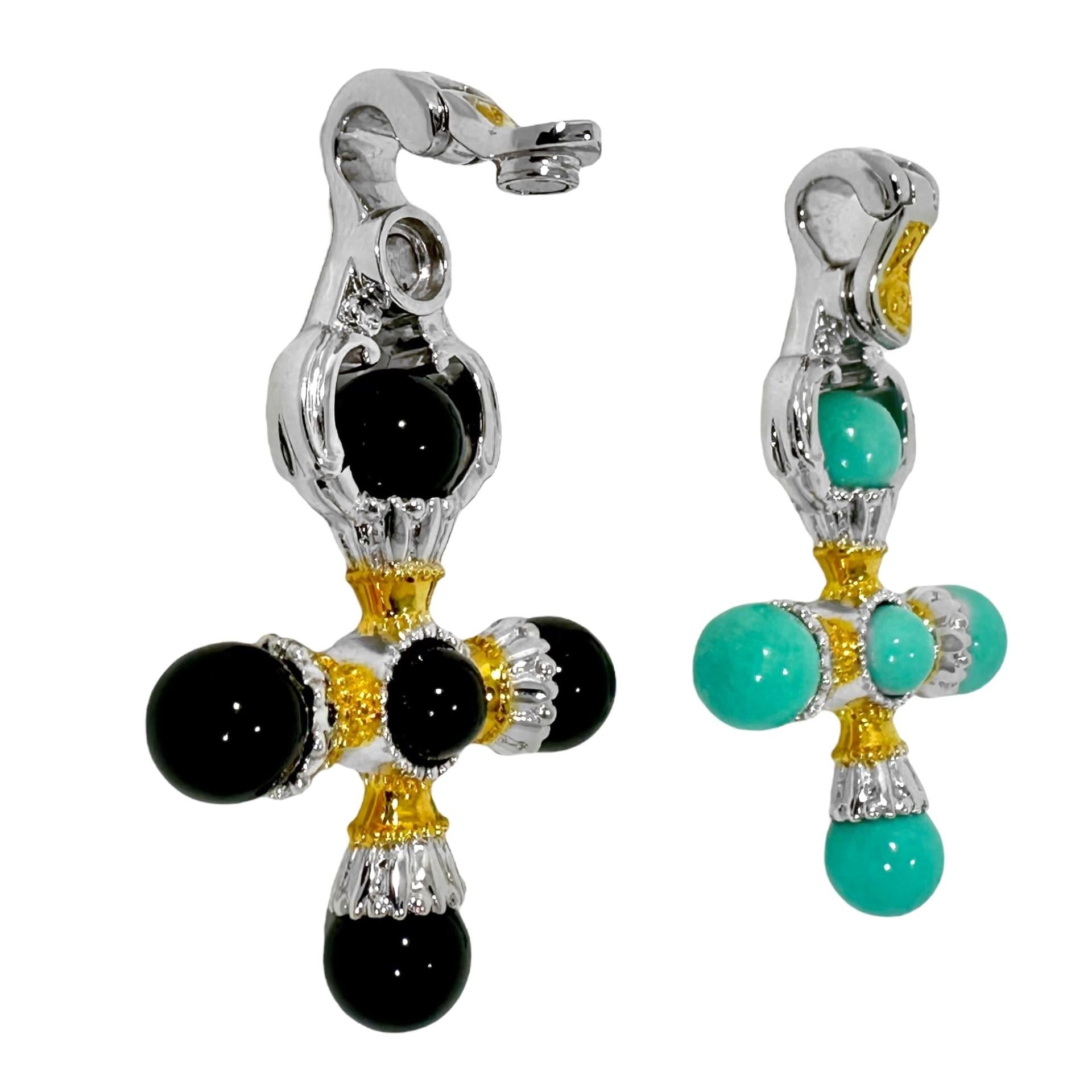 14k Diamond Toggle Necklace w/ Interchangeable Turquoise & Onyx Crosses     For Sale 1