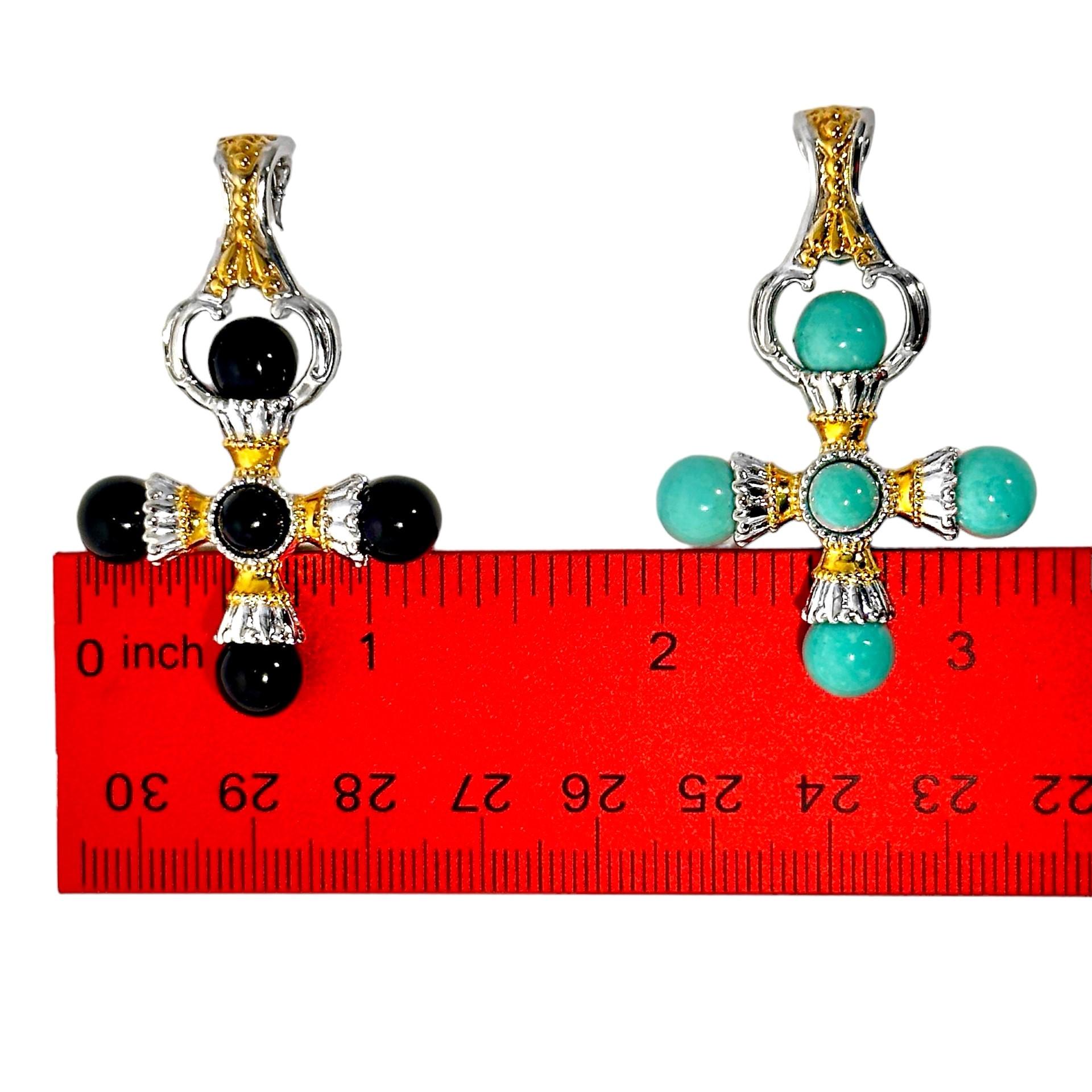 14k Diamond Toggle Necklace w/ Interchangeable Turquoise & Onyx Crosses     For Sale 2