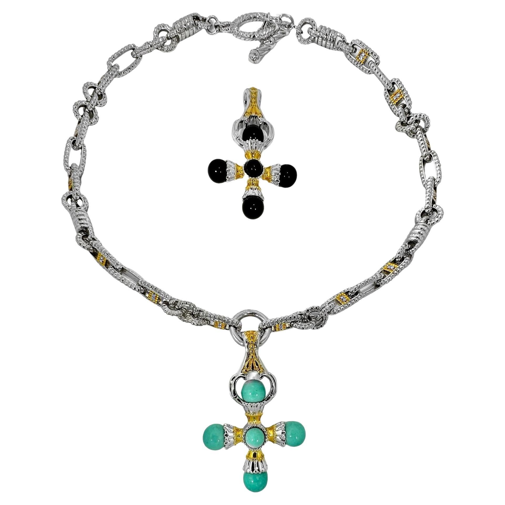 14k Diamond Toggle Necklace w/ Interchangeable Turquoise & Onyx Crosses     For Sale