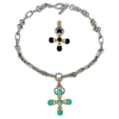 Collier à bascule réglable avec croix interchangeables en turquoise et onyx 14 carats    