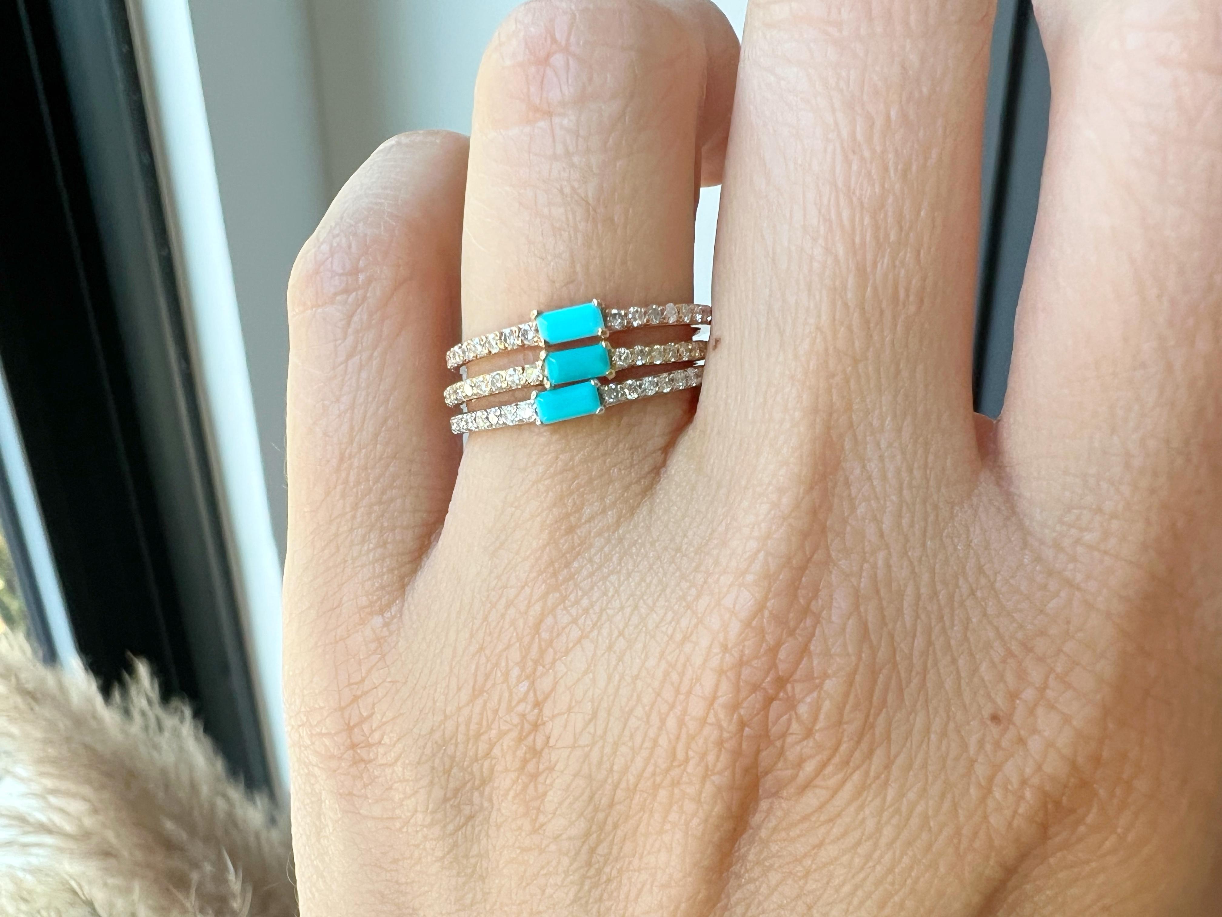 Baguette Cut 14K Diamond & Turquoise Stackable Band  For Sale