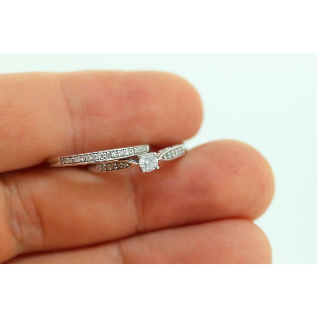 14k Diamond Wedding Ring Set. Delicate White gold Engagement and Wedding rings. For Sale 3
