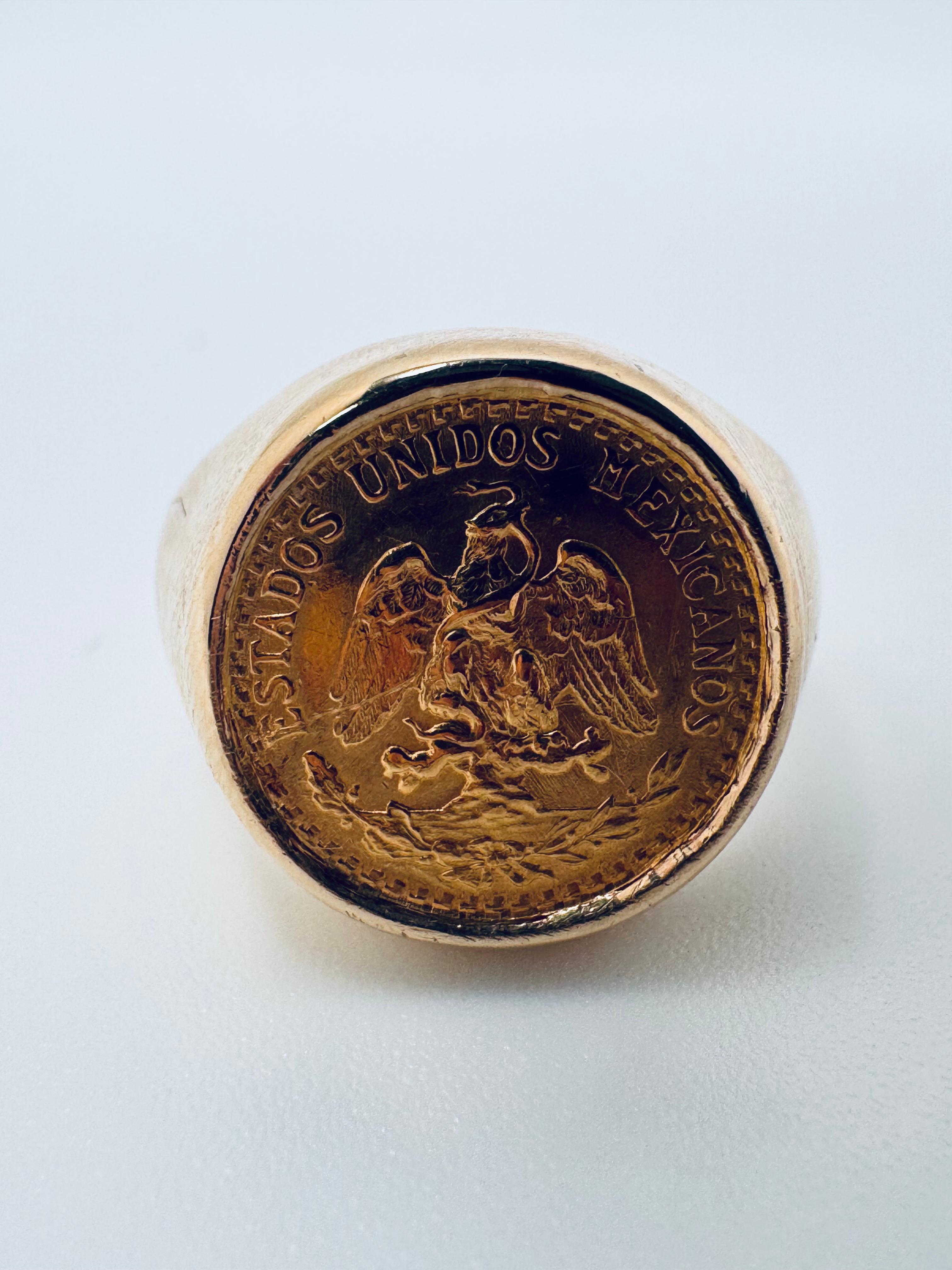 Anillo Dos Pesos 14K Moneda Mexicana Art Decó en venta