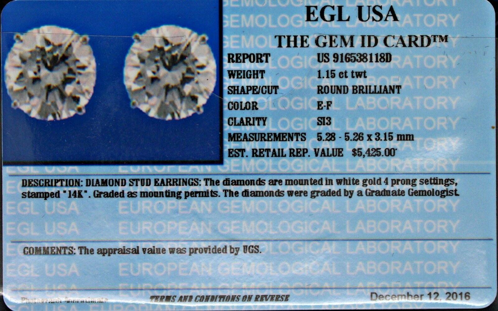 Contemporary 14 Karat EGL Certified Diamond stud earrings 1.15 Carat