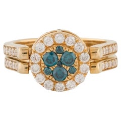 Bague réversible élégante en or jaune 14 carats avec diamants bleus et bruns
