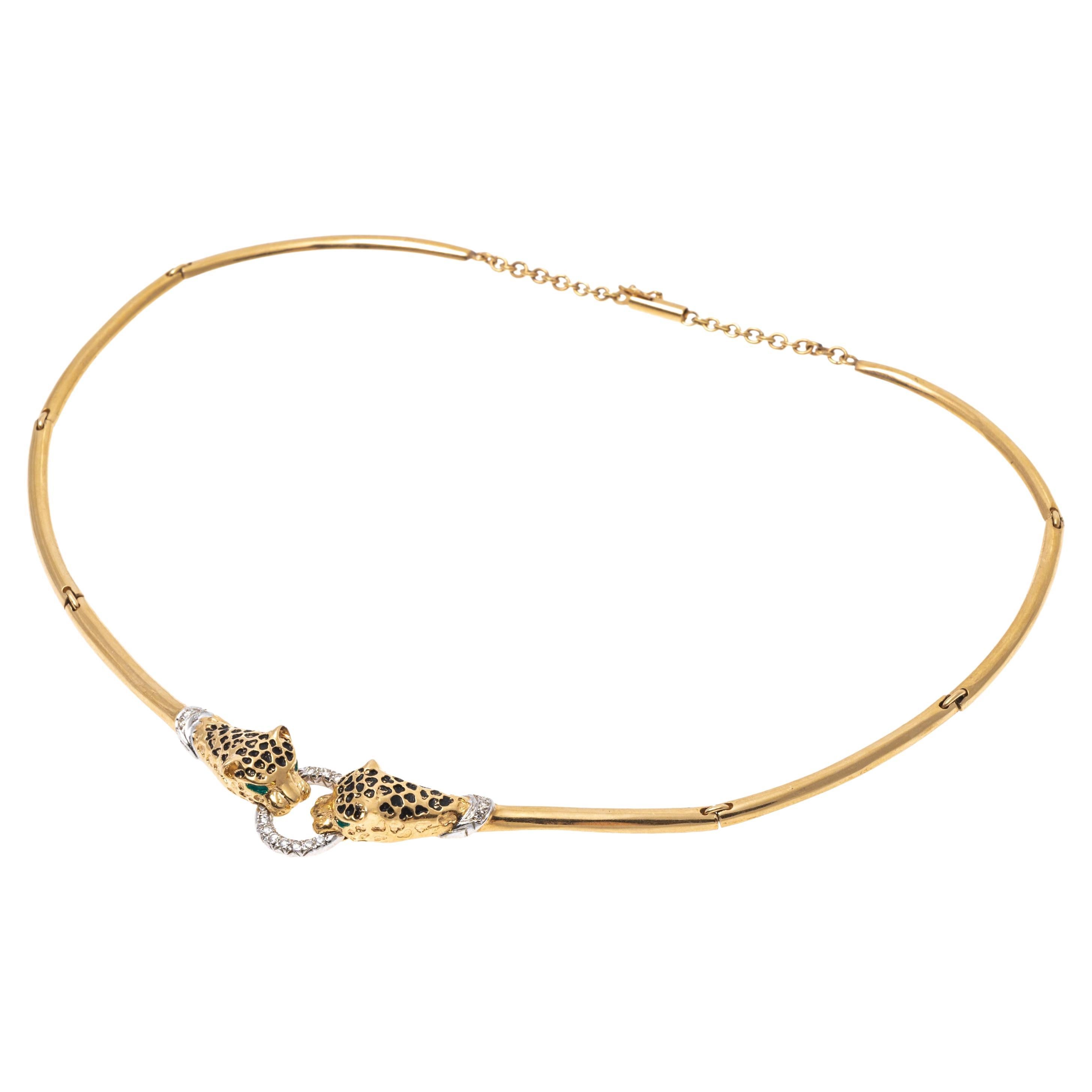 Collier à maillons allongés et panthère en 14 carats avec accents de diamants