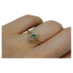 14k Emerald and Diamond Halo yellow gold ring. Emerald and Diamond Cluster ring.