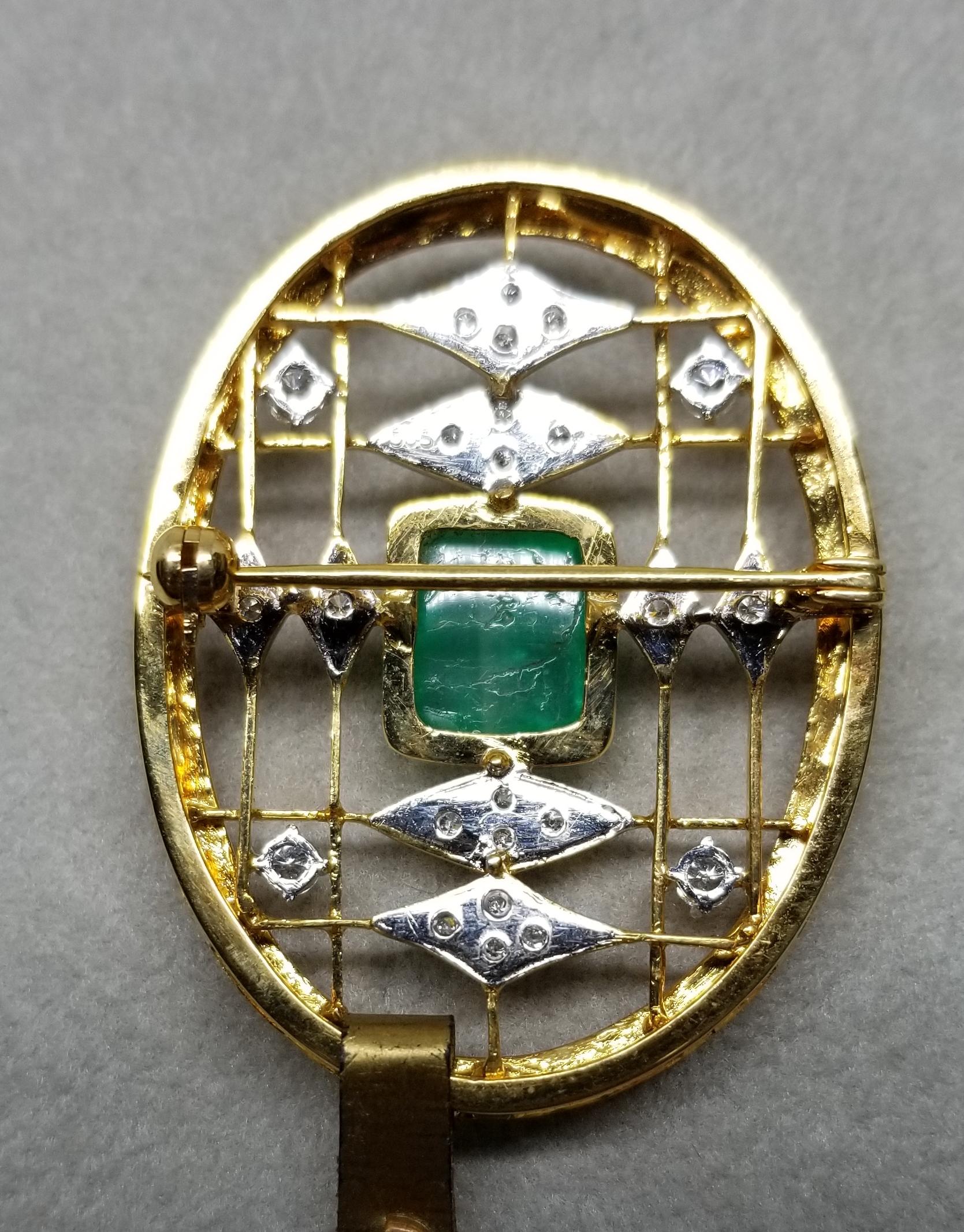 14 Karat Emerald and Diamond Pin Containing 1 Cushion Cut Cabochon Emerald In New Condition For Sale In Los Angeles, CA